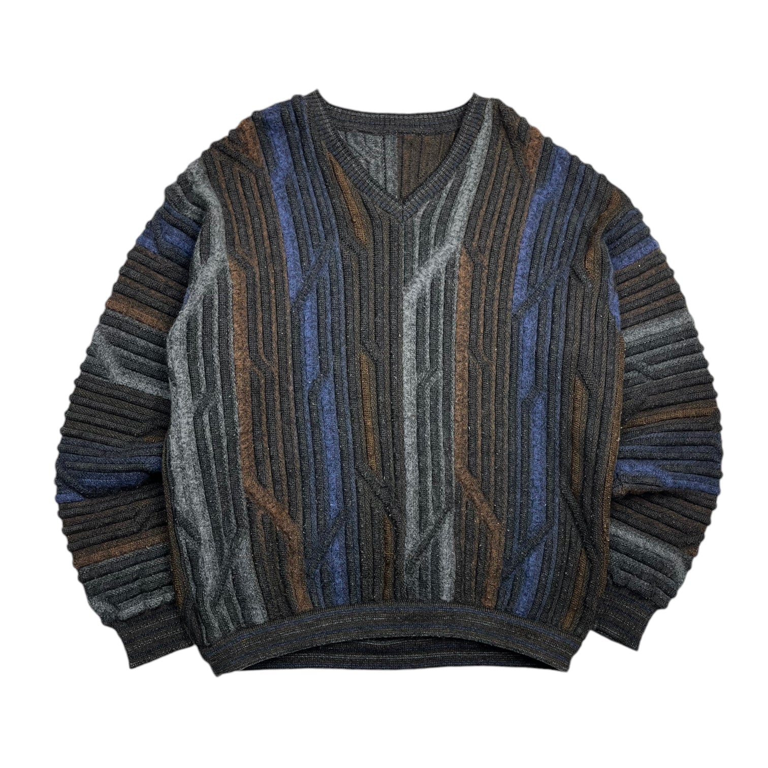 Vintage V-Neck 3D Dark Blue & Brown Knit