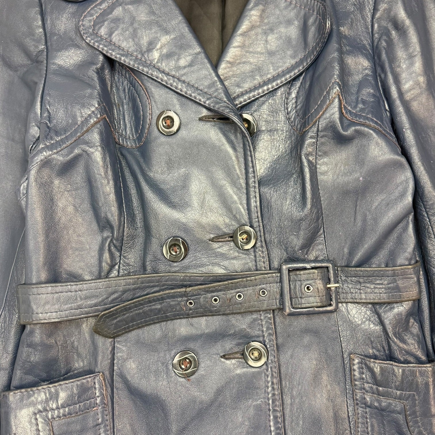 (W) Vintage Leather Trench Coat Blue