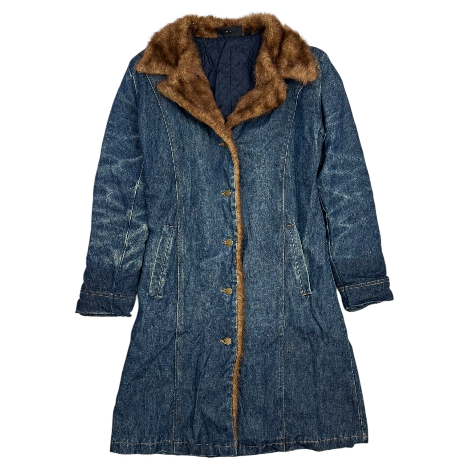 (W) Vintage Faux Fur Denim Trench Coat Medium Wash