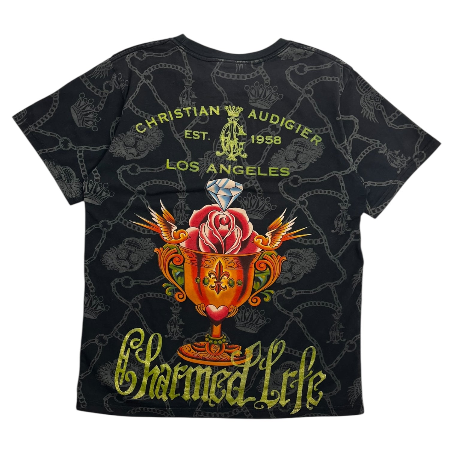 Vintage Y2K Christian Audigier Rhinestone Skull Chains Tee