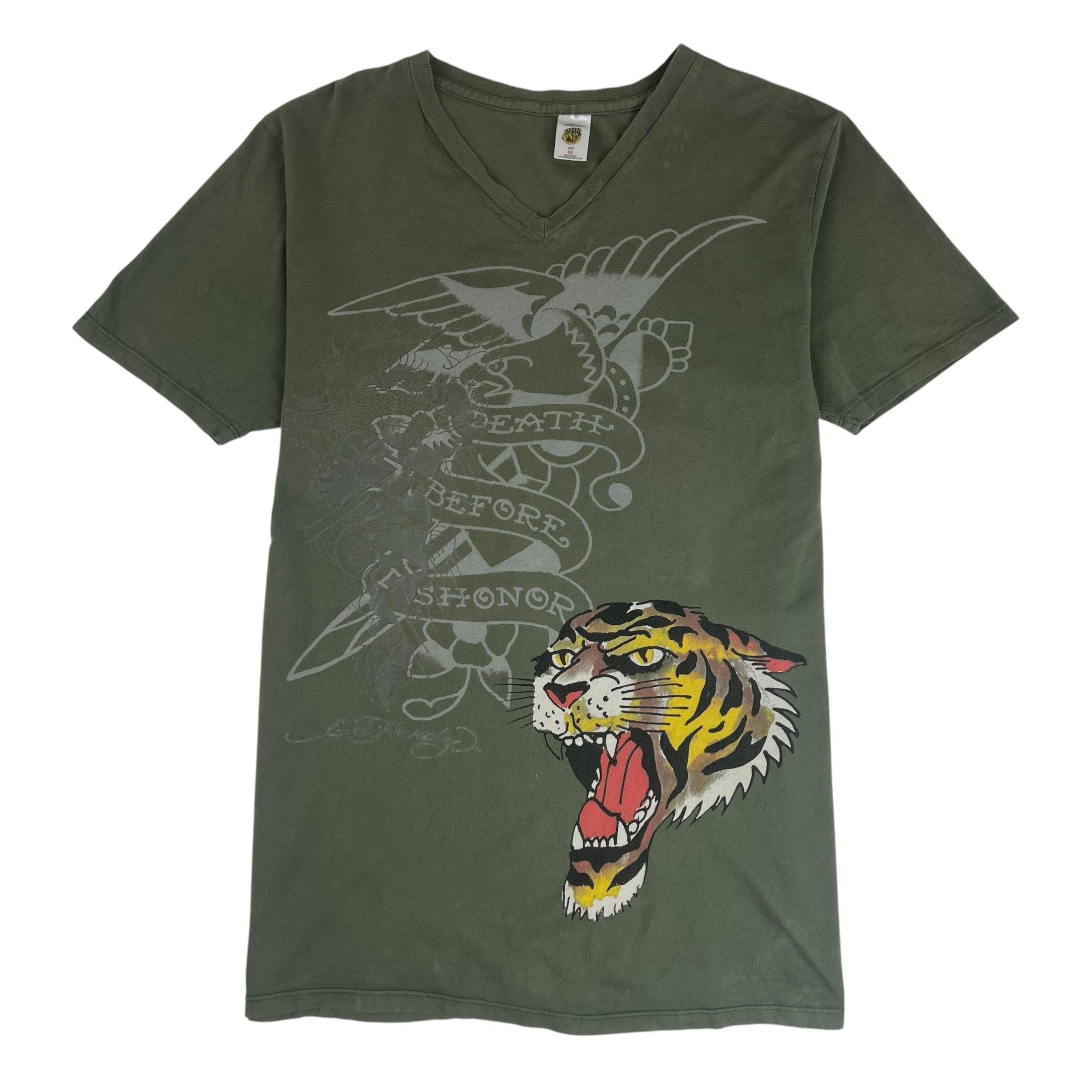 Vintage Y2K Ed Hardy V-Neck T-Shirt Olive