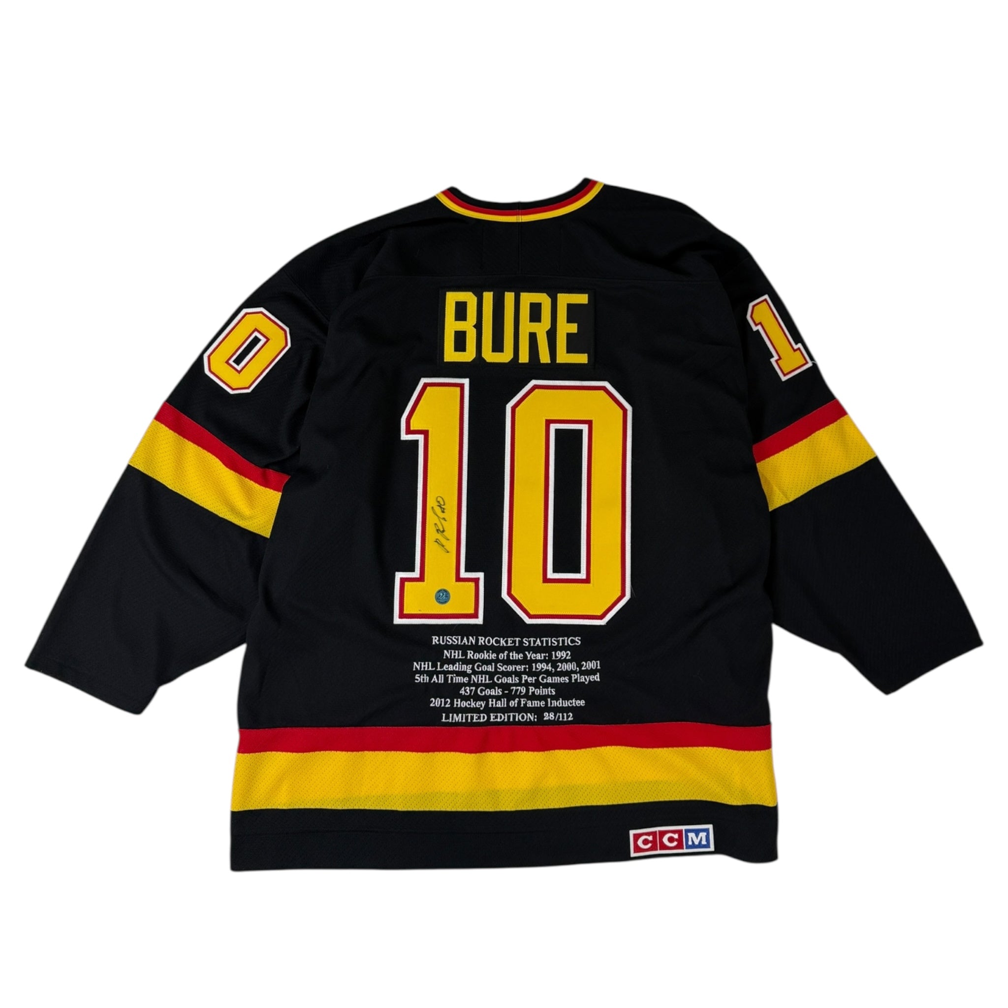 Pavel Bure Vancouver Canucks Autographed Retro CCM Stats Jersey LE 28/112