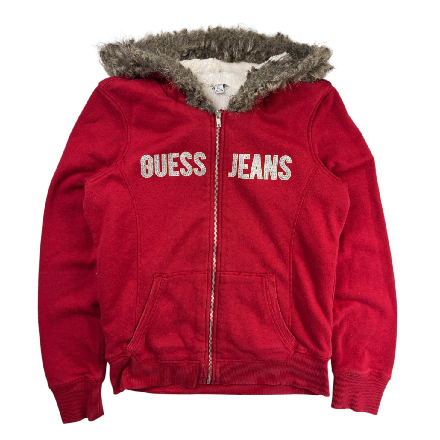(W) Guess Faux Fur Trimmed Zip Up Hoodie Red