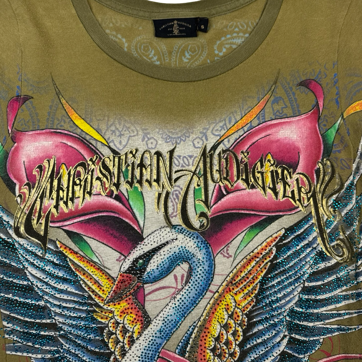 (W) Vintage Christian Audigier Rhinestone Swan With Love T-Shirt