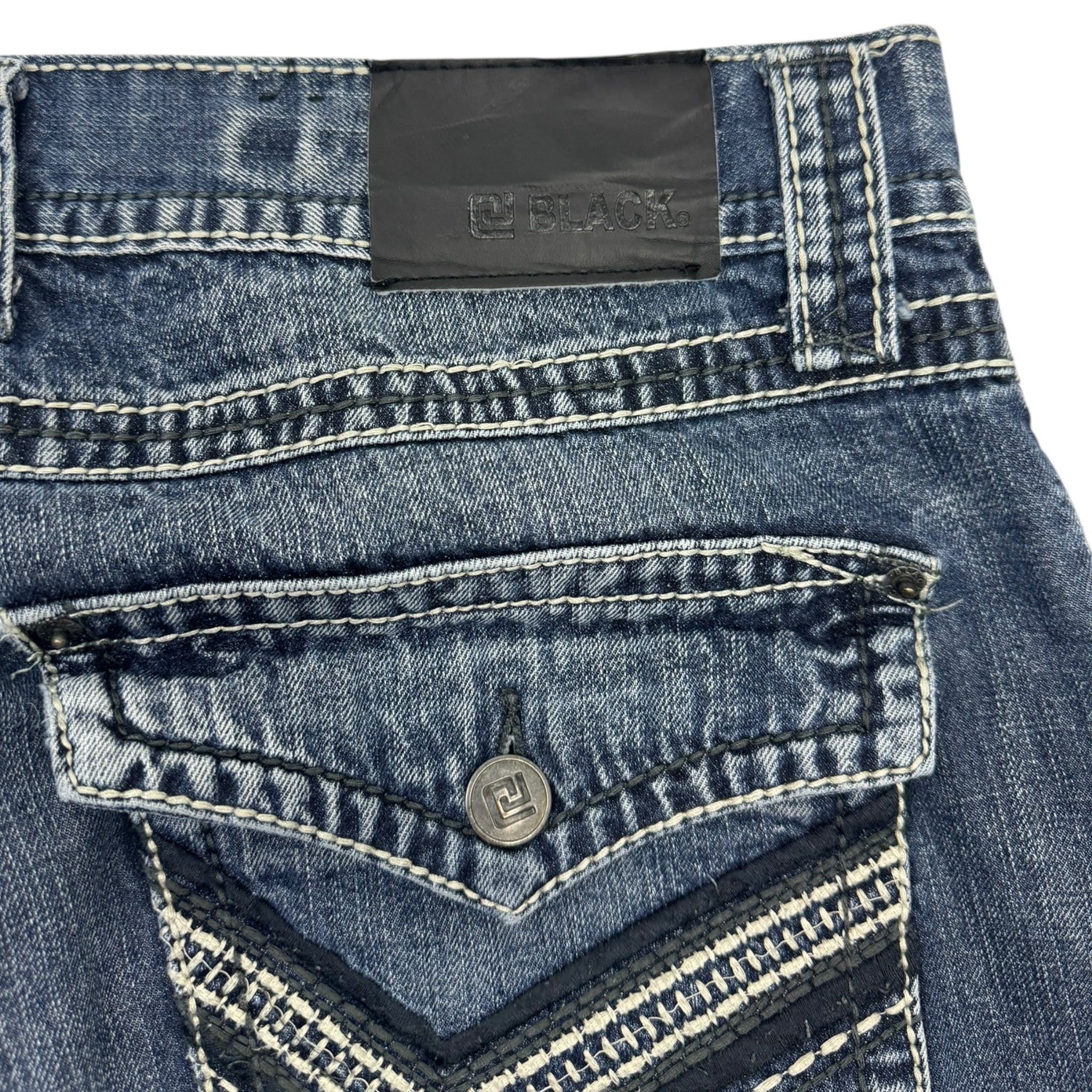 Y2K Black Embroidered Euro Denim Blue Wash Bottoms