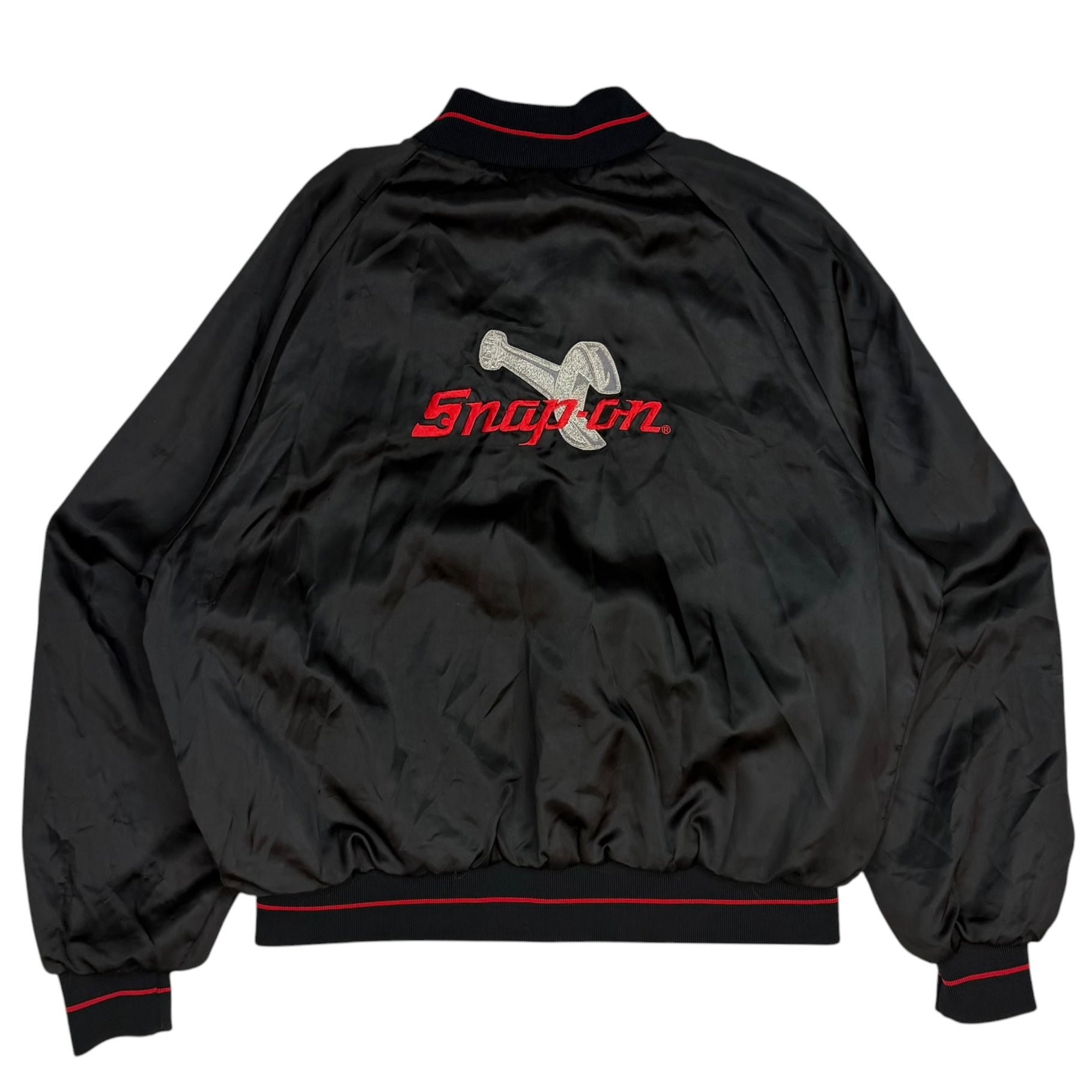 Vintage Snap-On Embroidered Satin Bomber Jacket Black