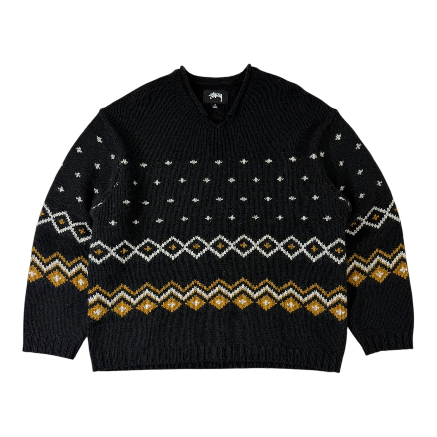 Stussy Roll V-Neck Fairisle Sweater Black