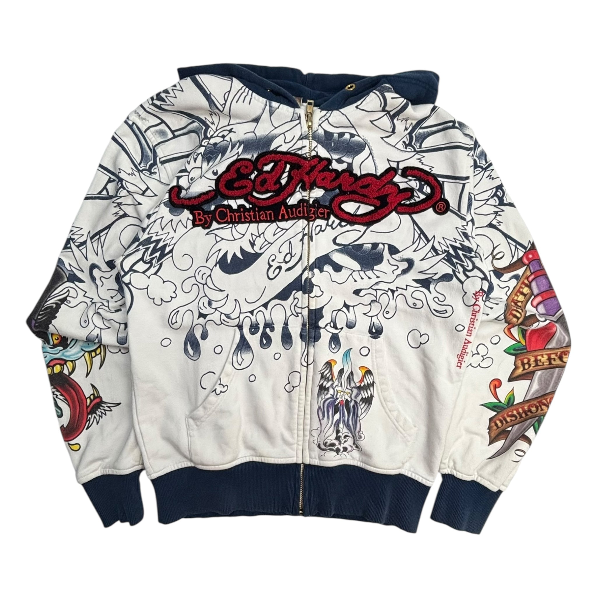 Y2K Ed Hardy Felt Embroidered Zip Up Hoodie