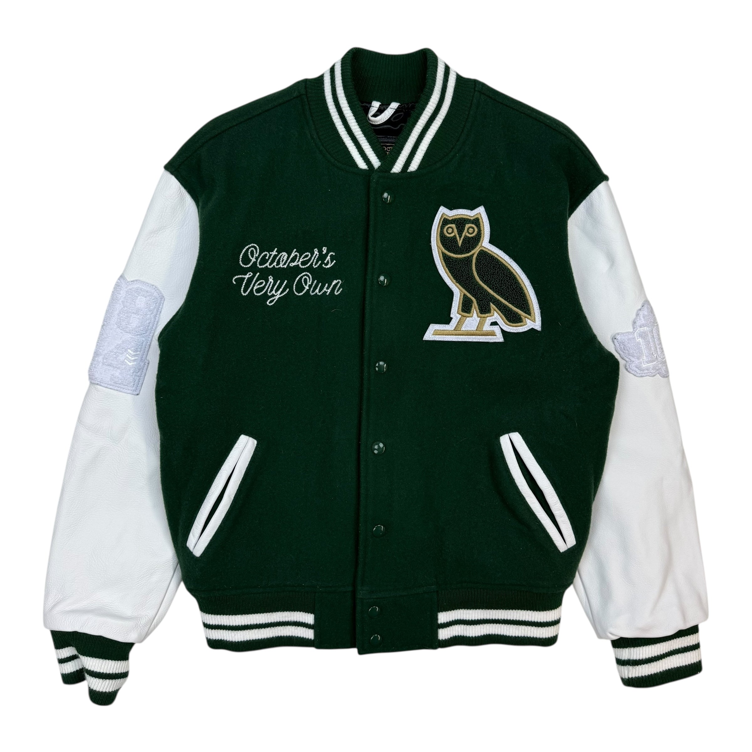 Octobers Very Own Letterman Leather Jacket Green/White
