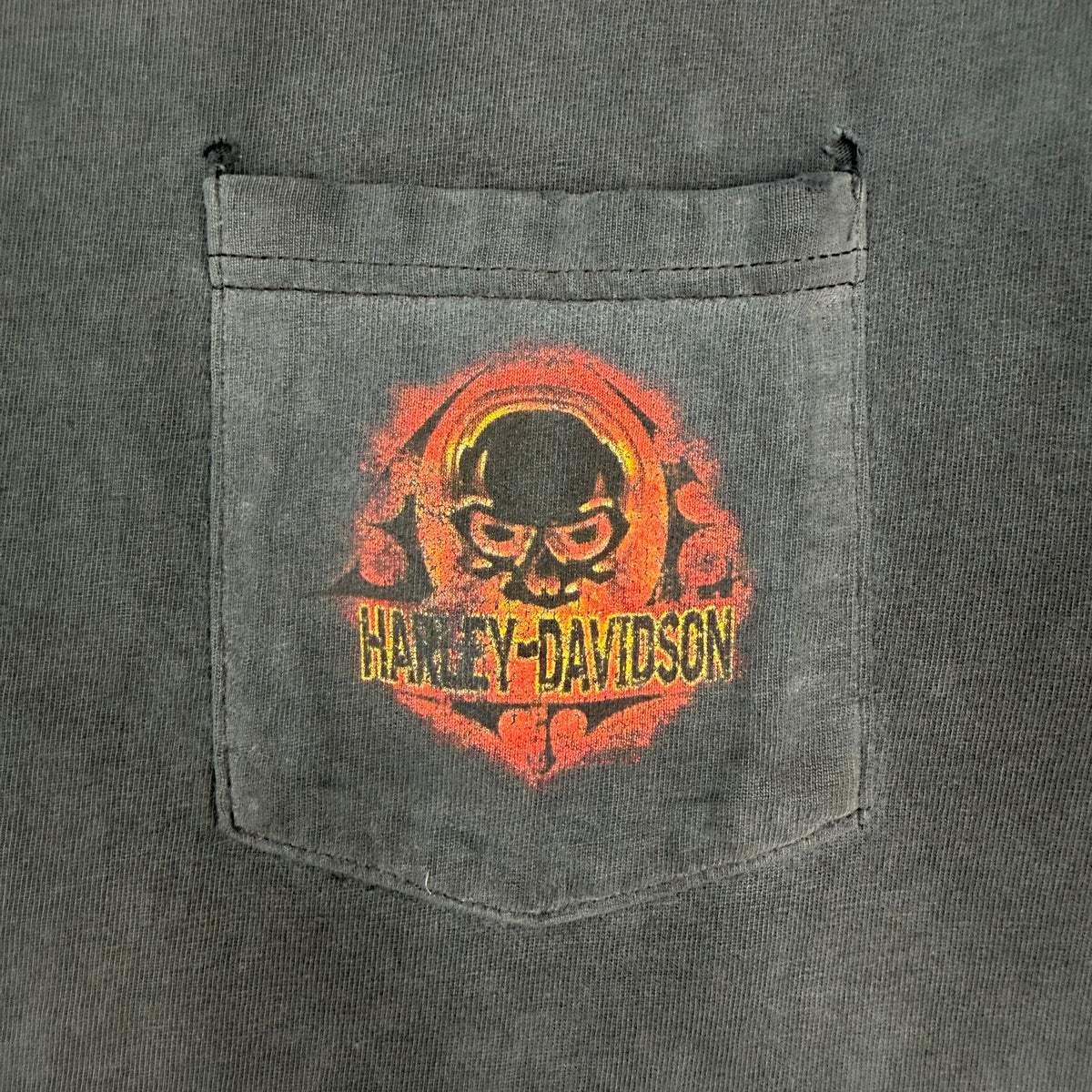 2003 Harley Davidson Gasoline Alley Flaming Skull Pocket Tee Faded Black