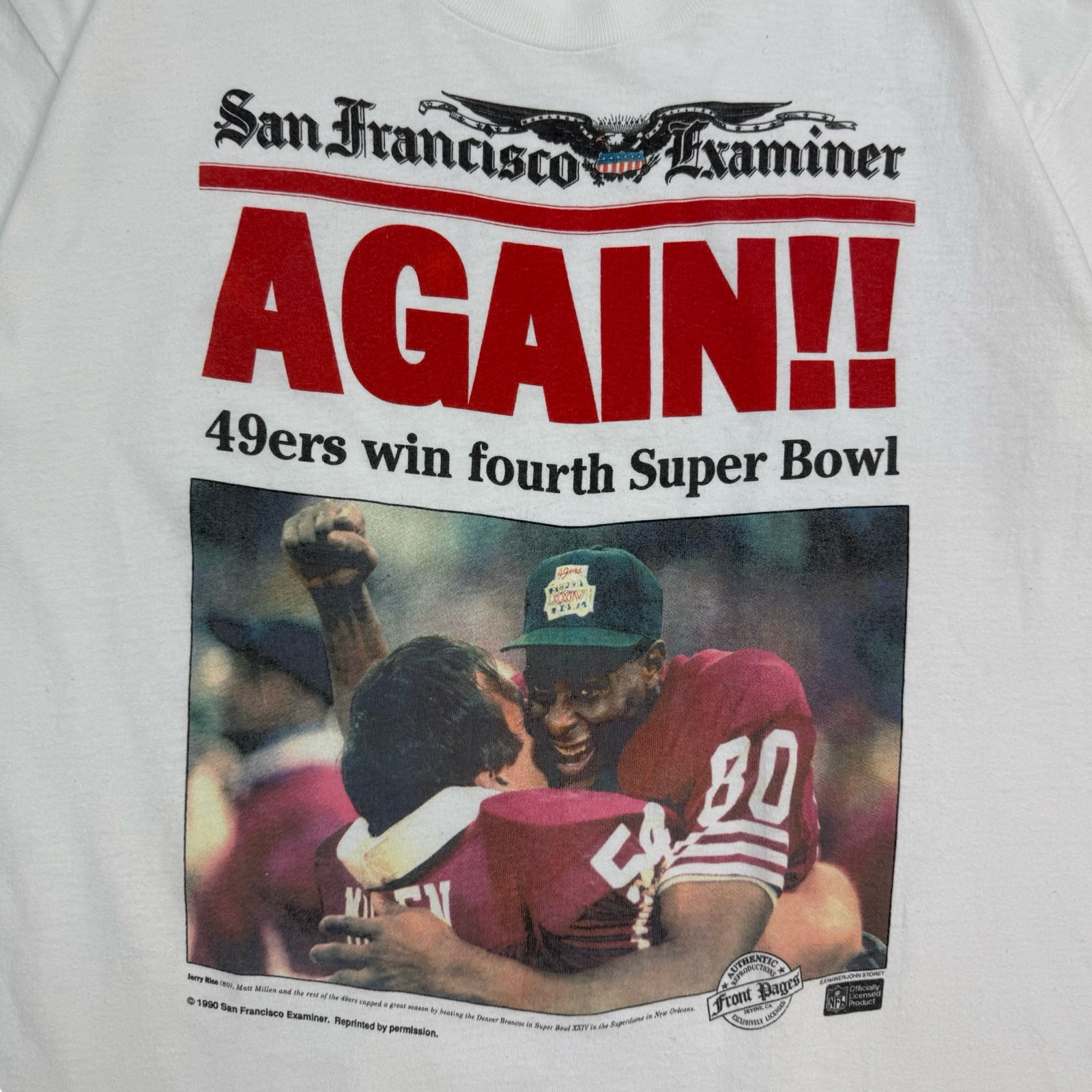 1990 San Francisco 49ers Super Bowl Champs Newpaper Tee White