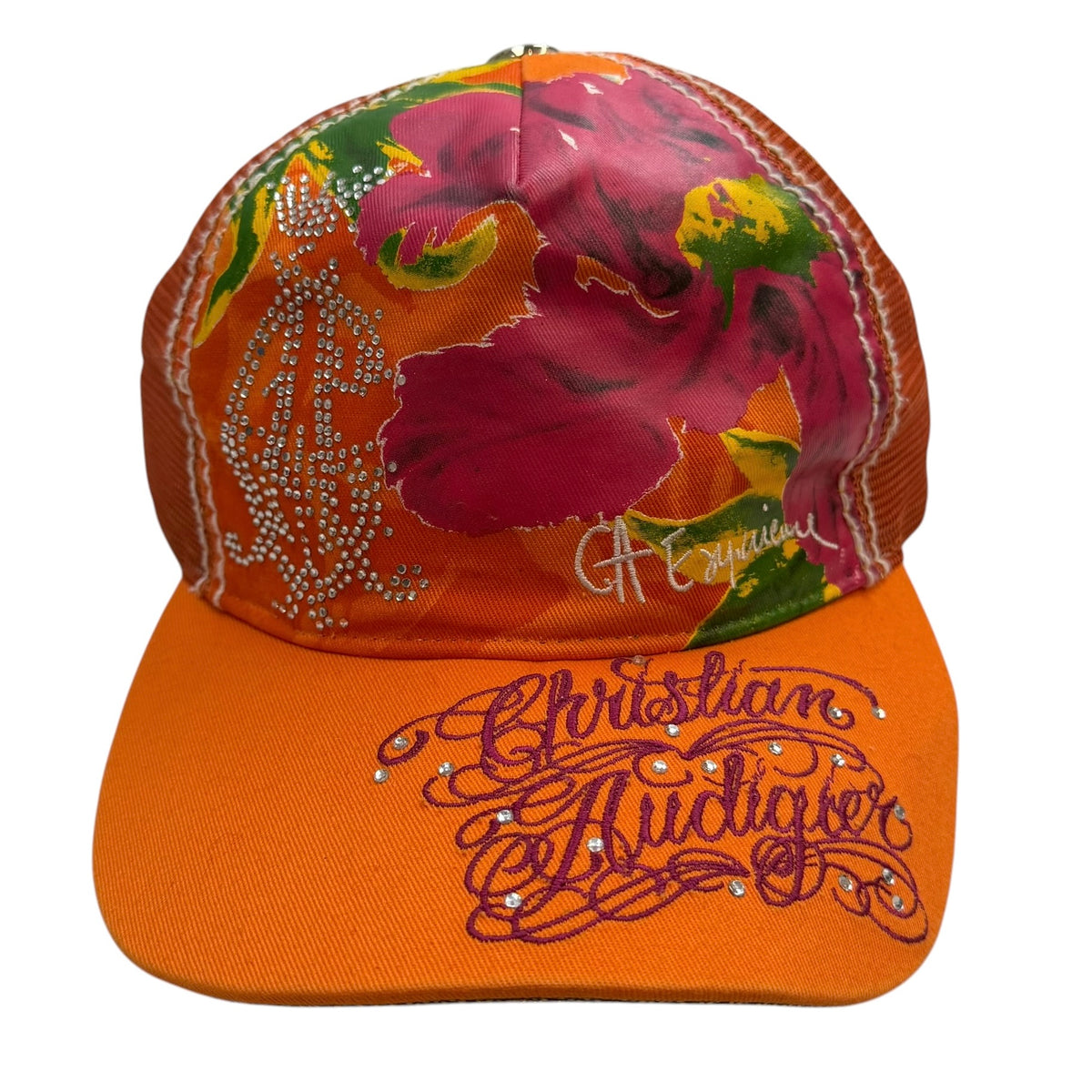 Vintage Christian Audigier Rhinestone Mesh Cap Orange