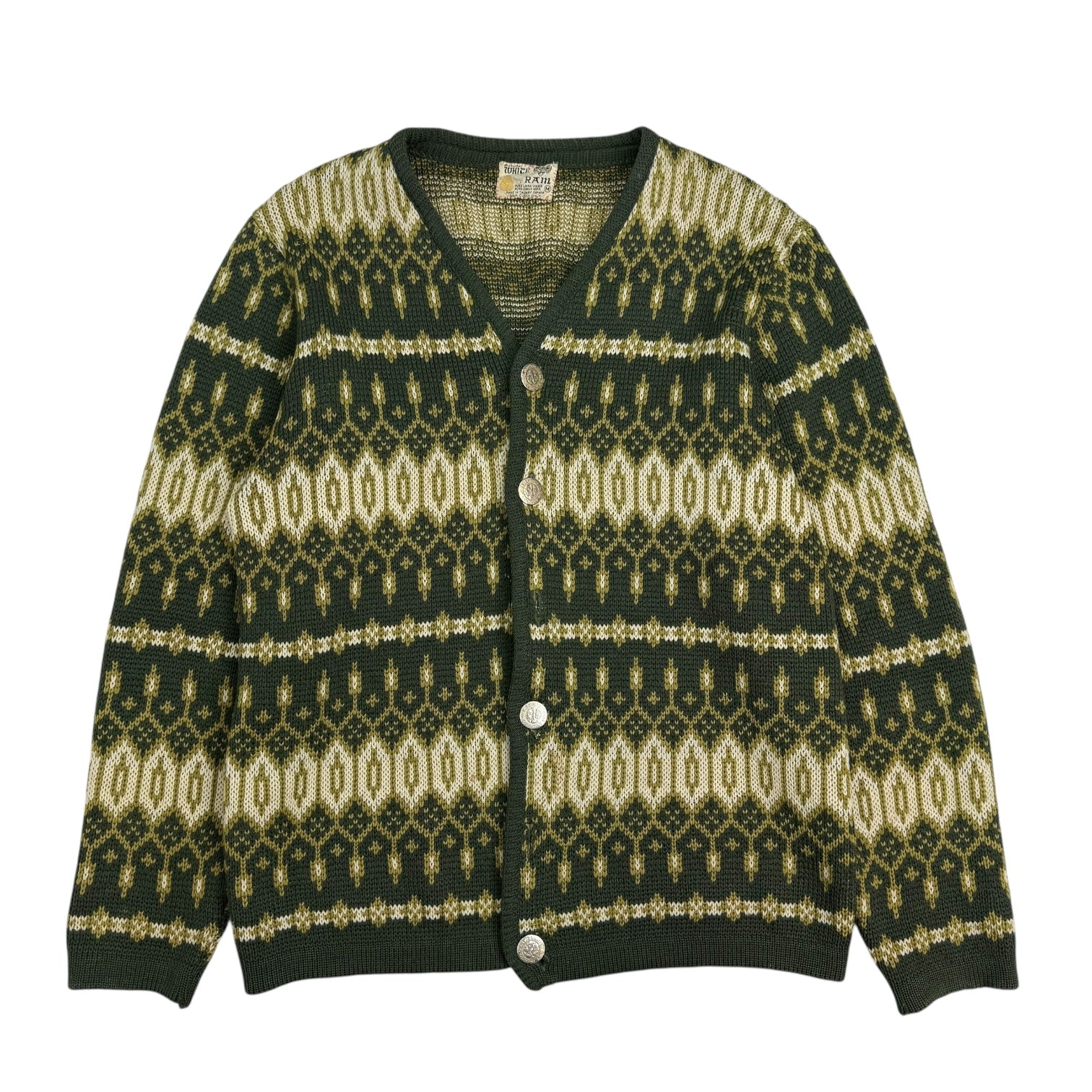 Vintage White Ram Knit Wool Cardigan Green