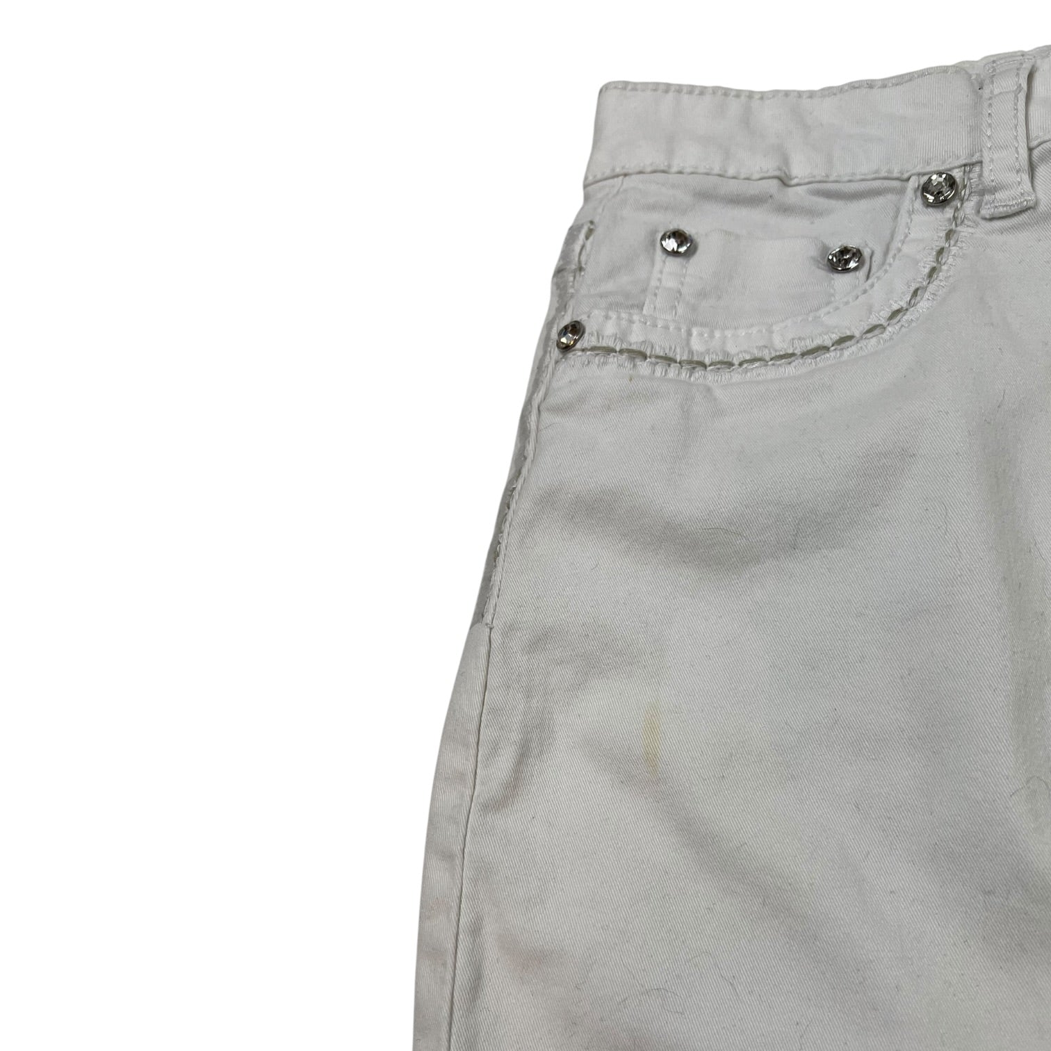 (W) Vintage Y2K Studded Embroidered Detailing Mid Low Denim Skirt White