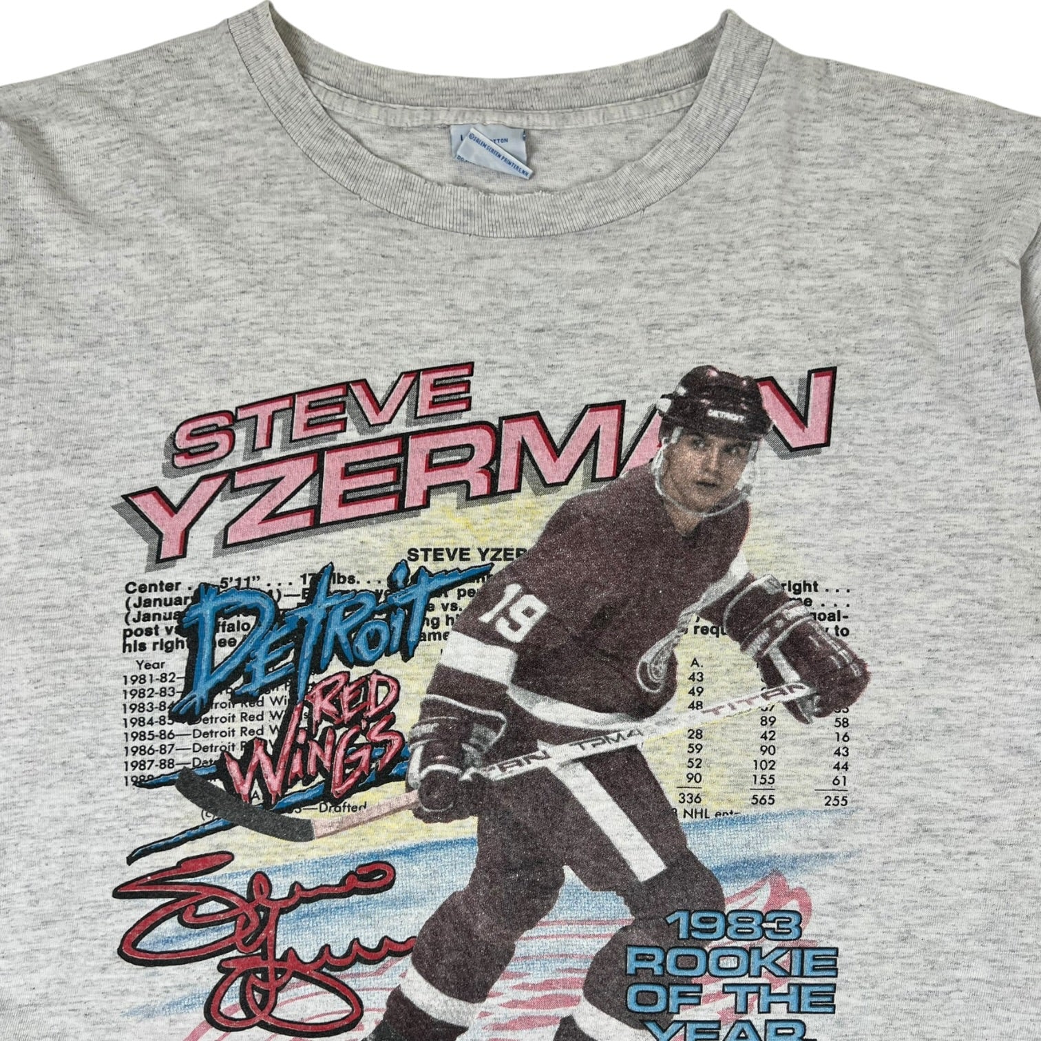 Vintage 1990 Salem Sportswear Detroit Red Wings Steve Yzerman T-shirt Heather Grey