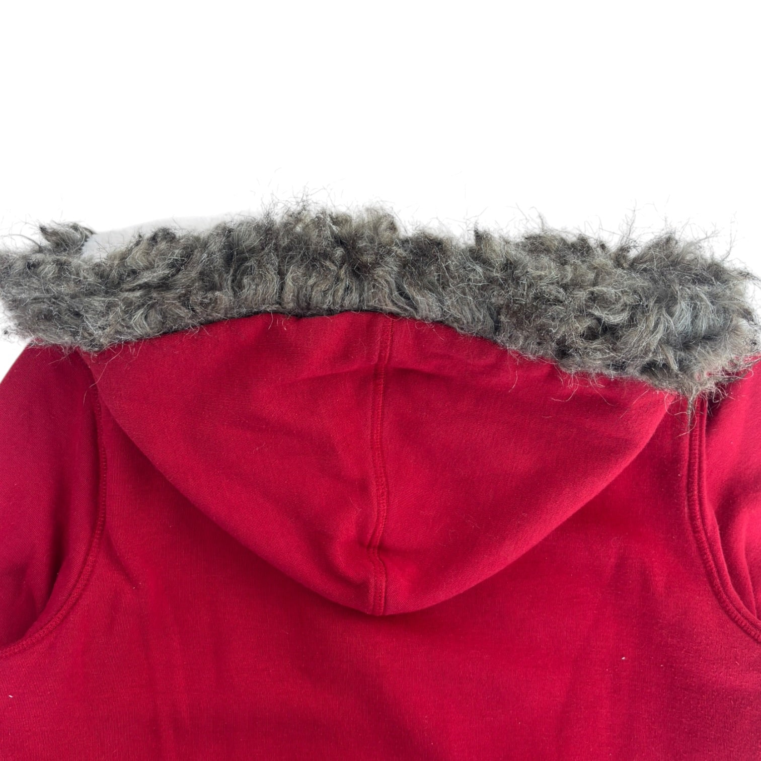 (W) Guess Faux Fur Trimmed Zip Up Hoodie Red