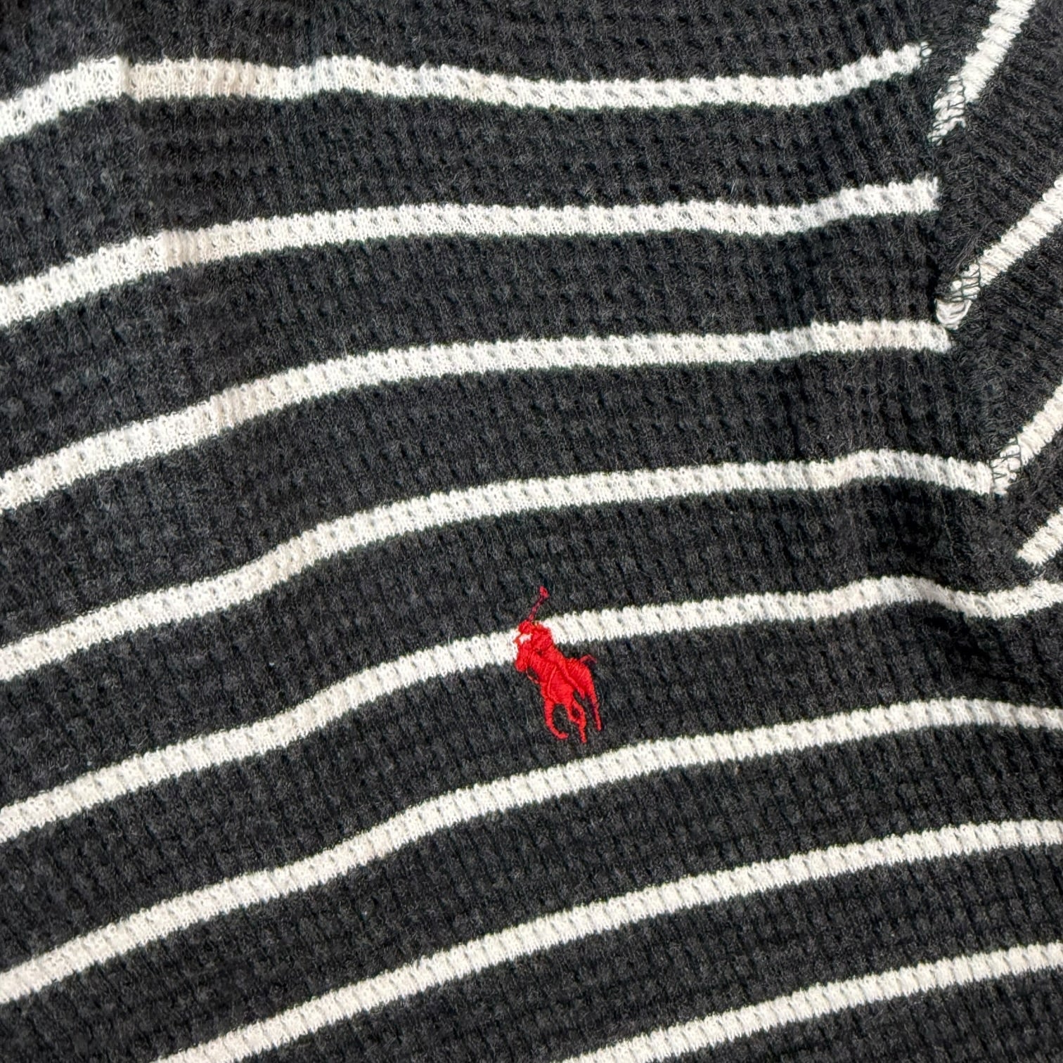 Vintage Polo Ralph Lauren Striped Waffle Knit Thermal Hoodie Black/White