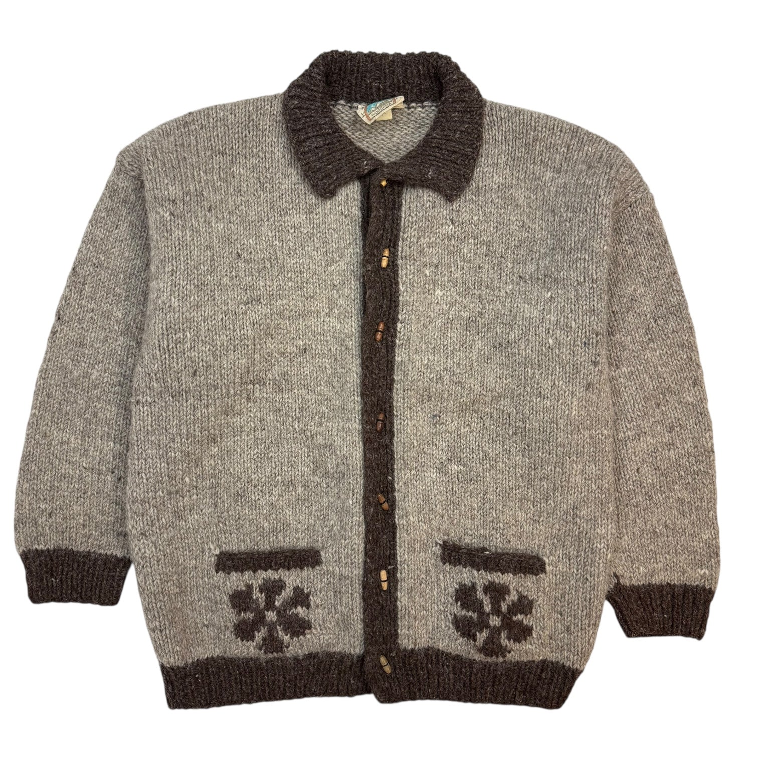 Vintage Cowichan Style Snowflake Wool Button Up Cardigan Brown