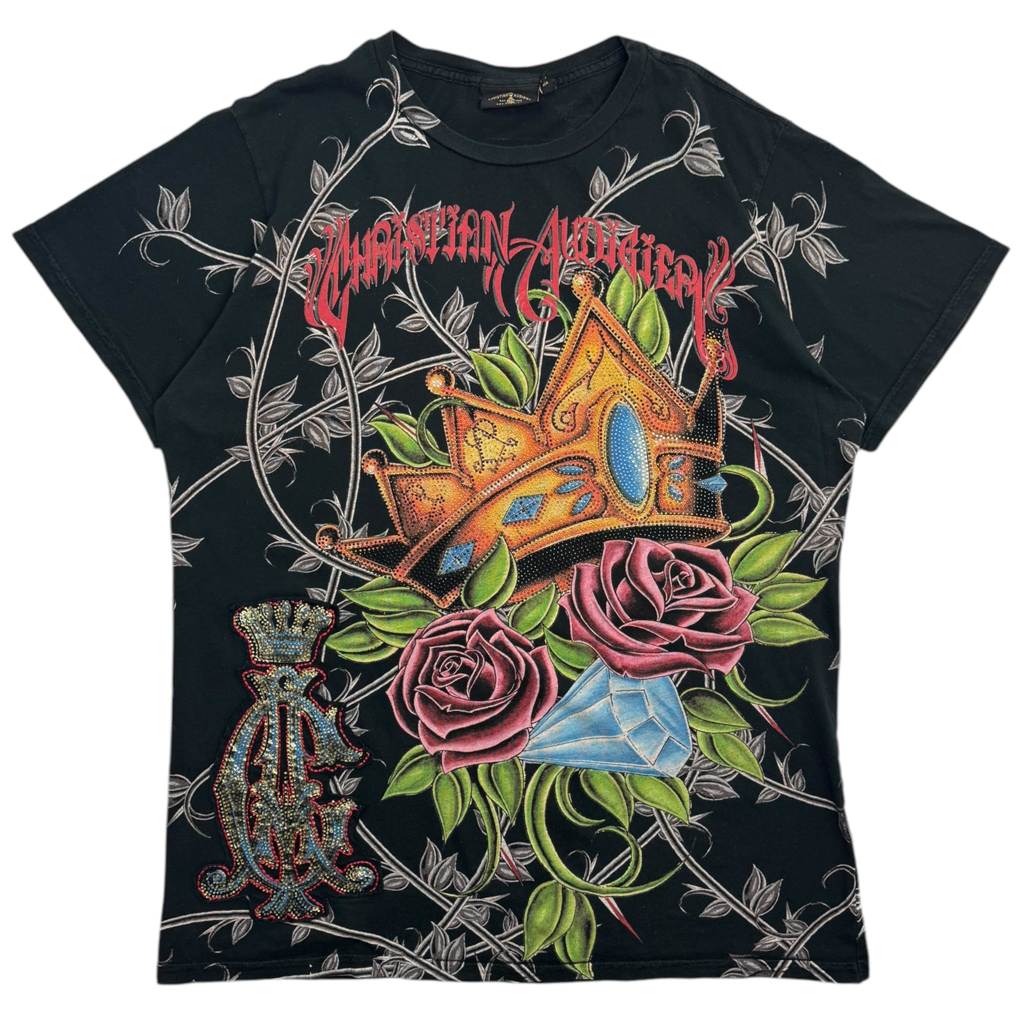 Y2K Christian Audigier Bedazzled Roses All Over Print T-Shirt