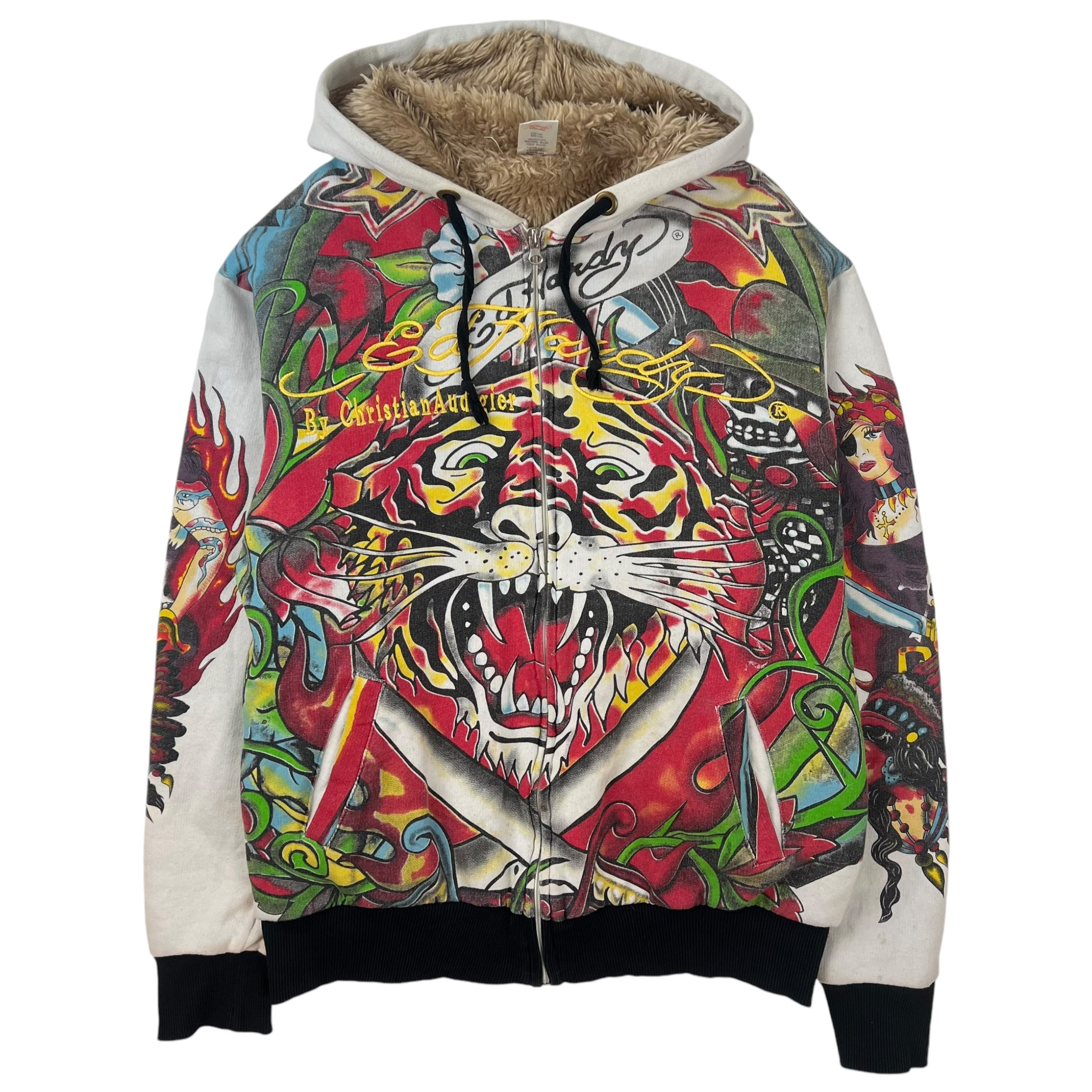 Vintage Ed-Hardy Fur-Lined Hooded Sweatshirt White