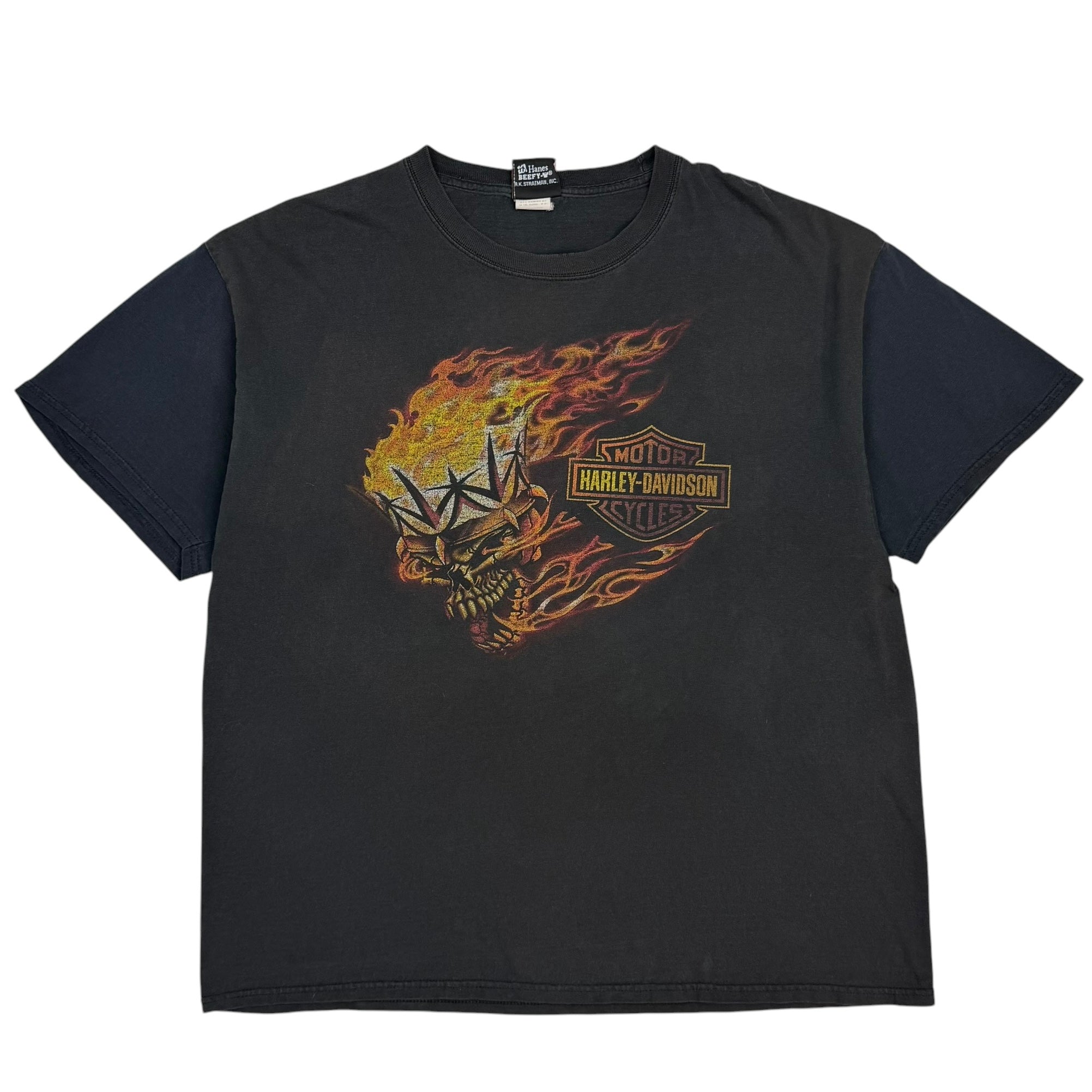 Vintage Harley Davidson Edge Flaming Skull Contrast Sleeve Tee Black