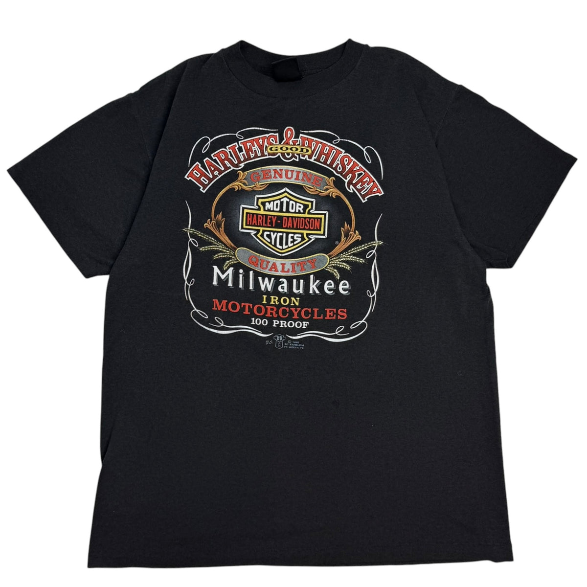 1987 Harley Davidson 3D Embem Harleys & Whiskey Dartmouth Tee Black