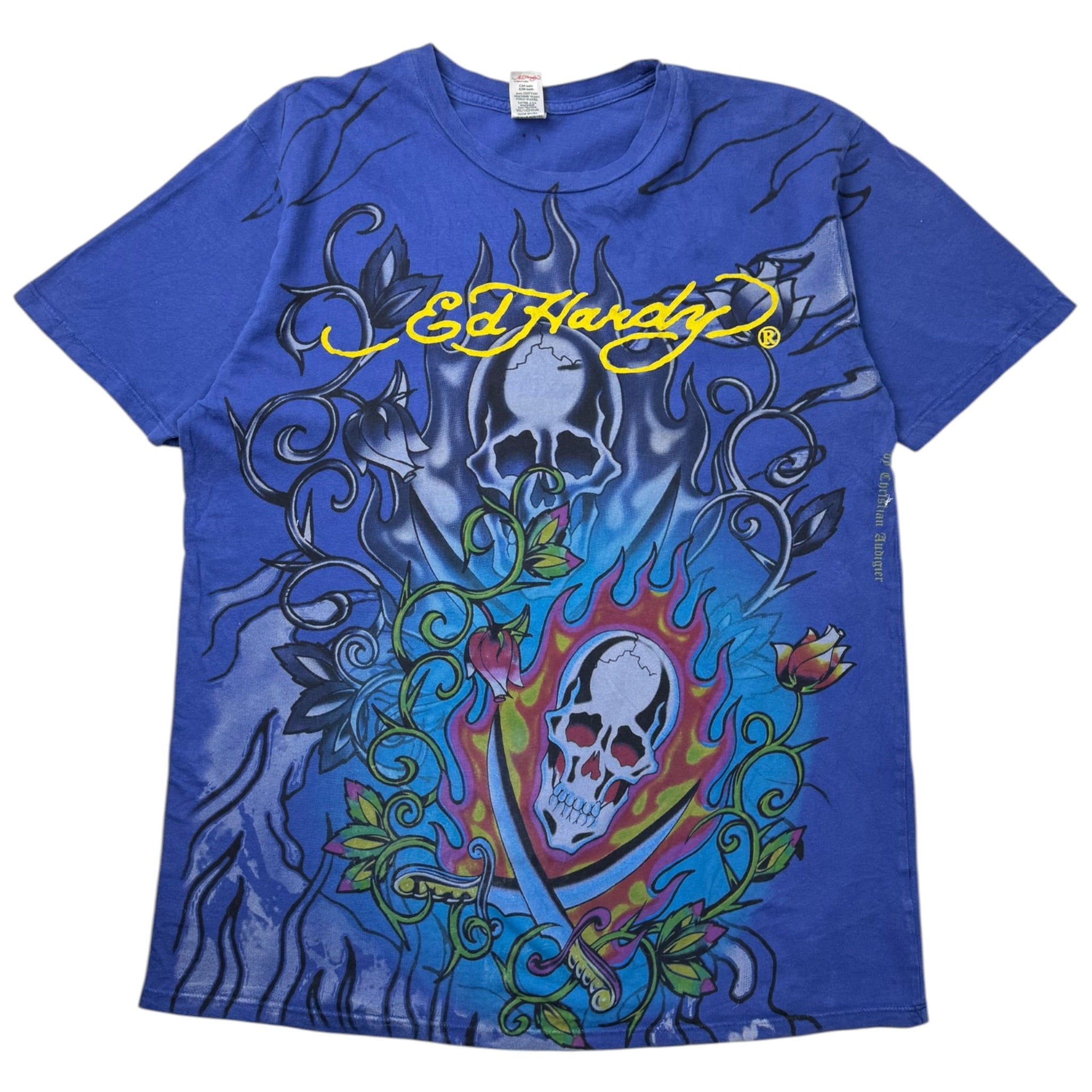 Vintage Ed Hardy Cyber Skulls T-Shirt Blue