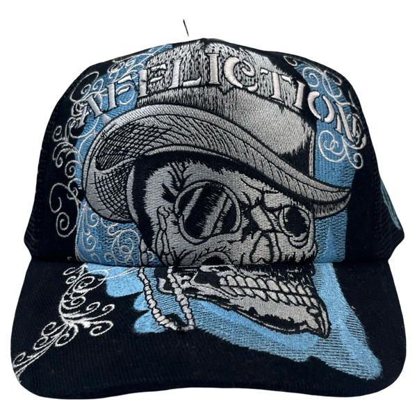 Vintage Y2K Affliction Embroidered Skull Trucker Hat Black