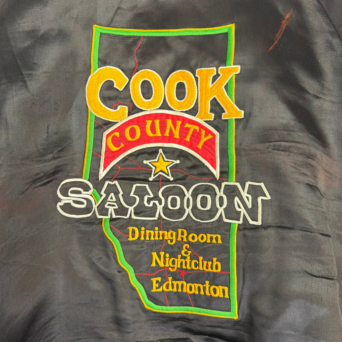 Vintage Cook County Saloon Satin Bomber Jacket Deep Brown