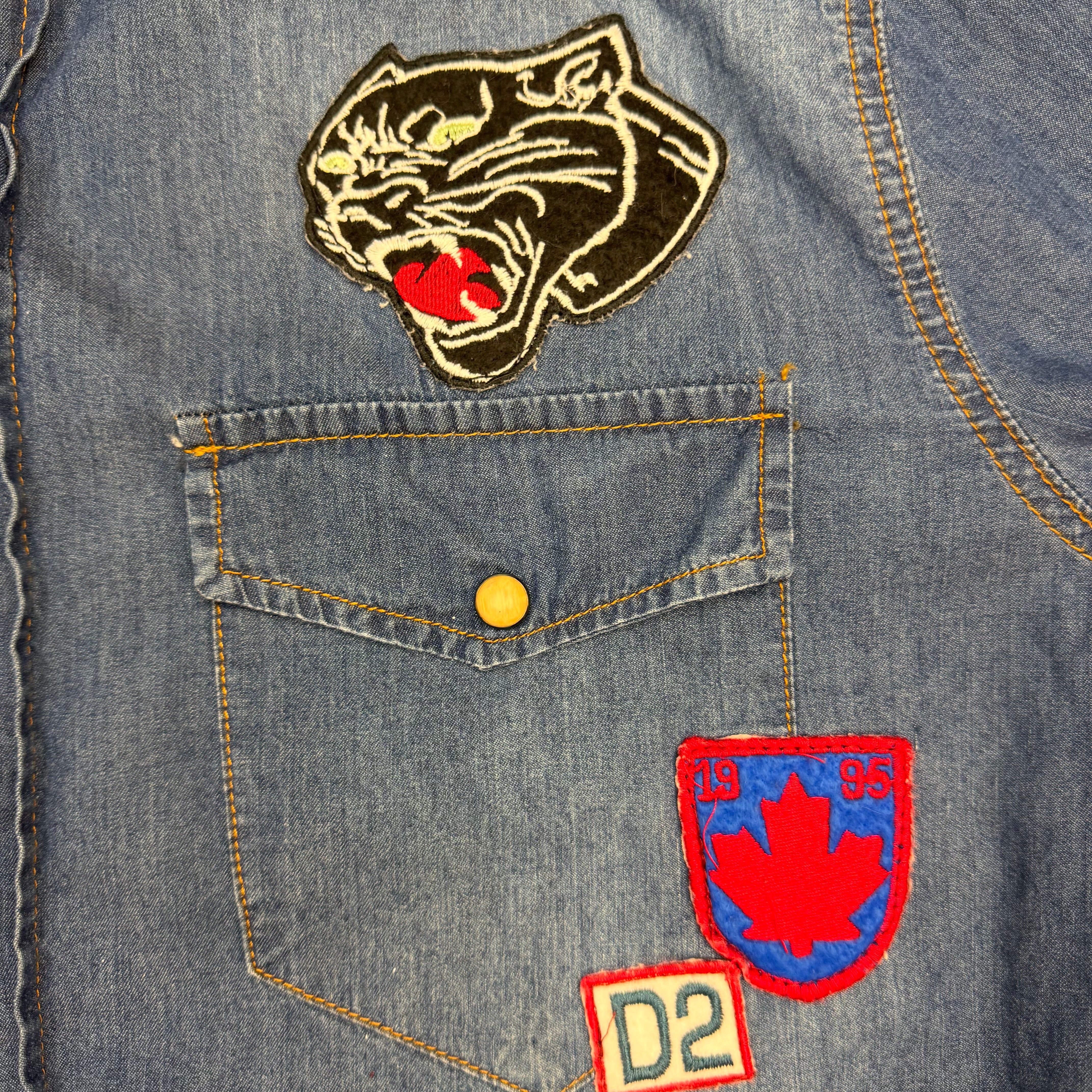 Dsquared2 Denim Patch Button Up Paint Splattered Shirt Blue