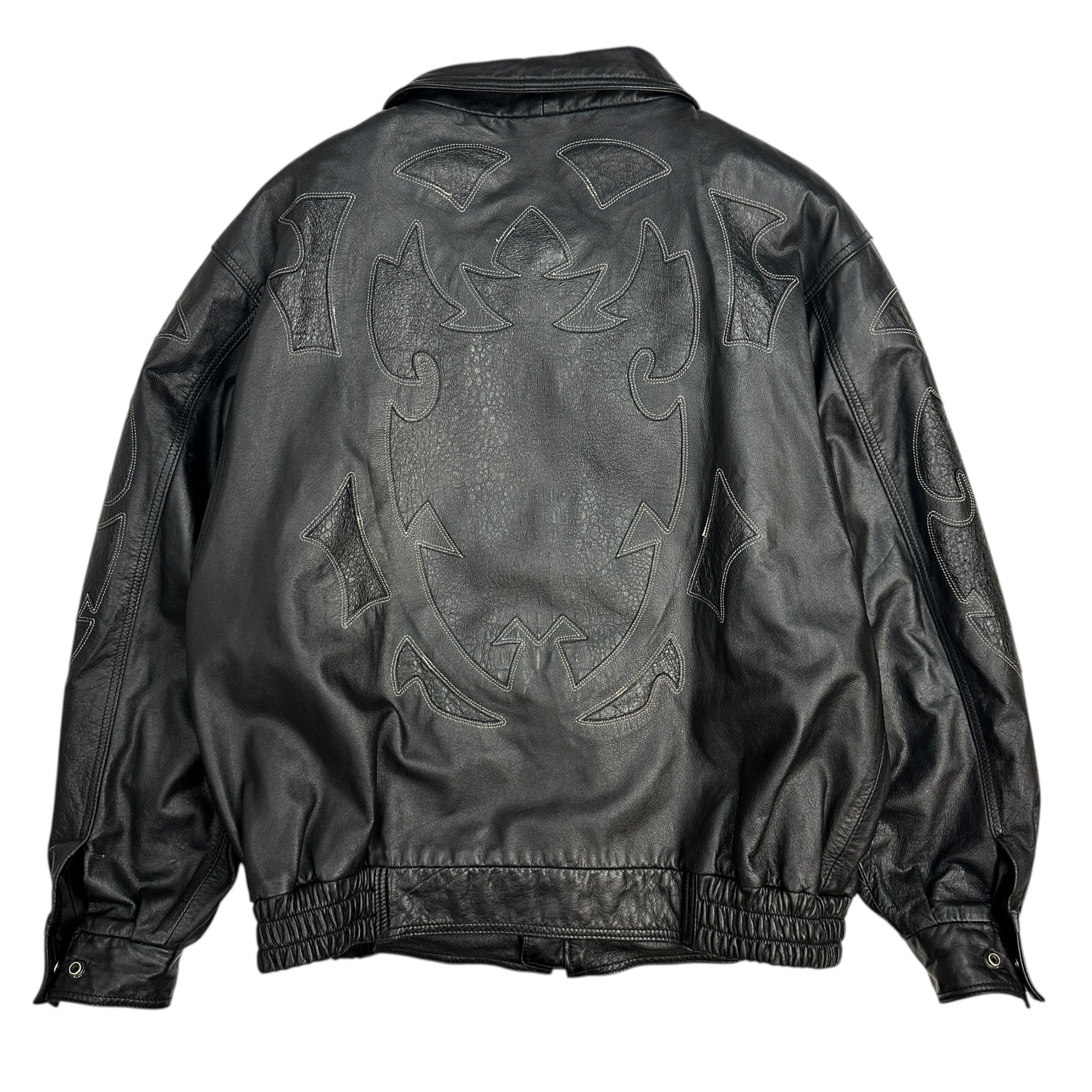 Vintage Leather Cowboy Pattern Bomber Jacket Black