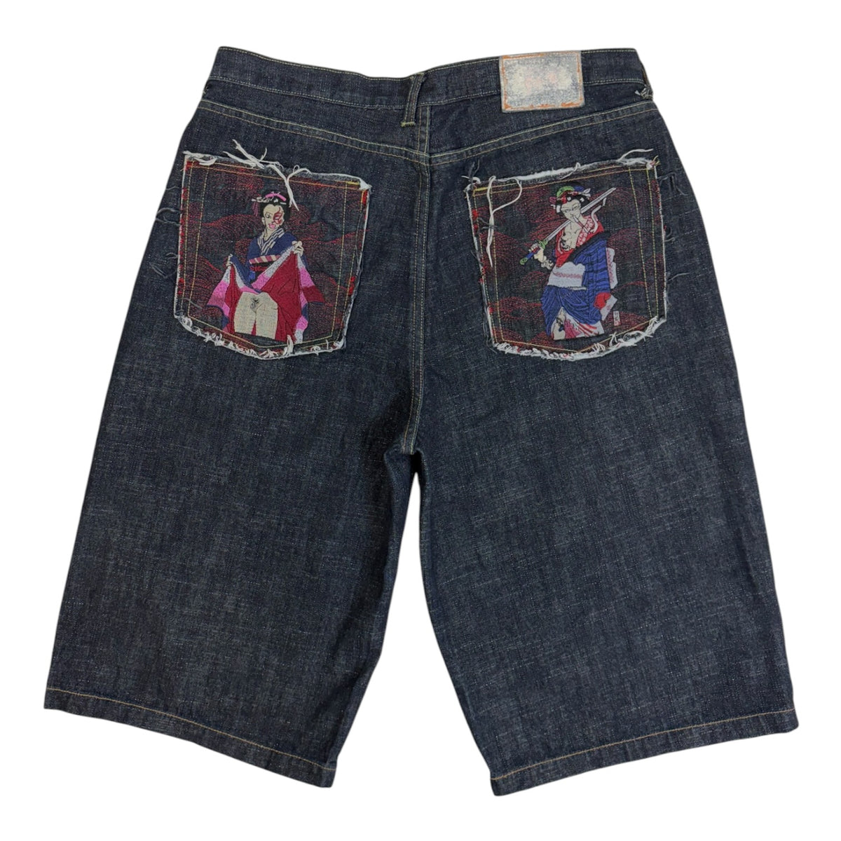 Red Monkey Company Embroided Geisha Baggy Denim Shorts Dark Wash