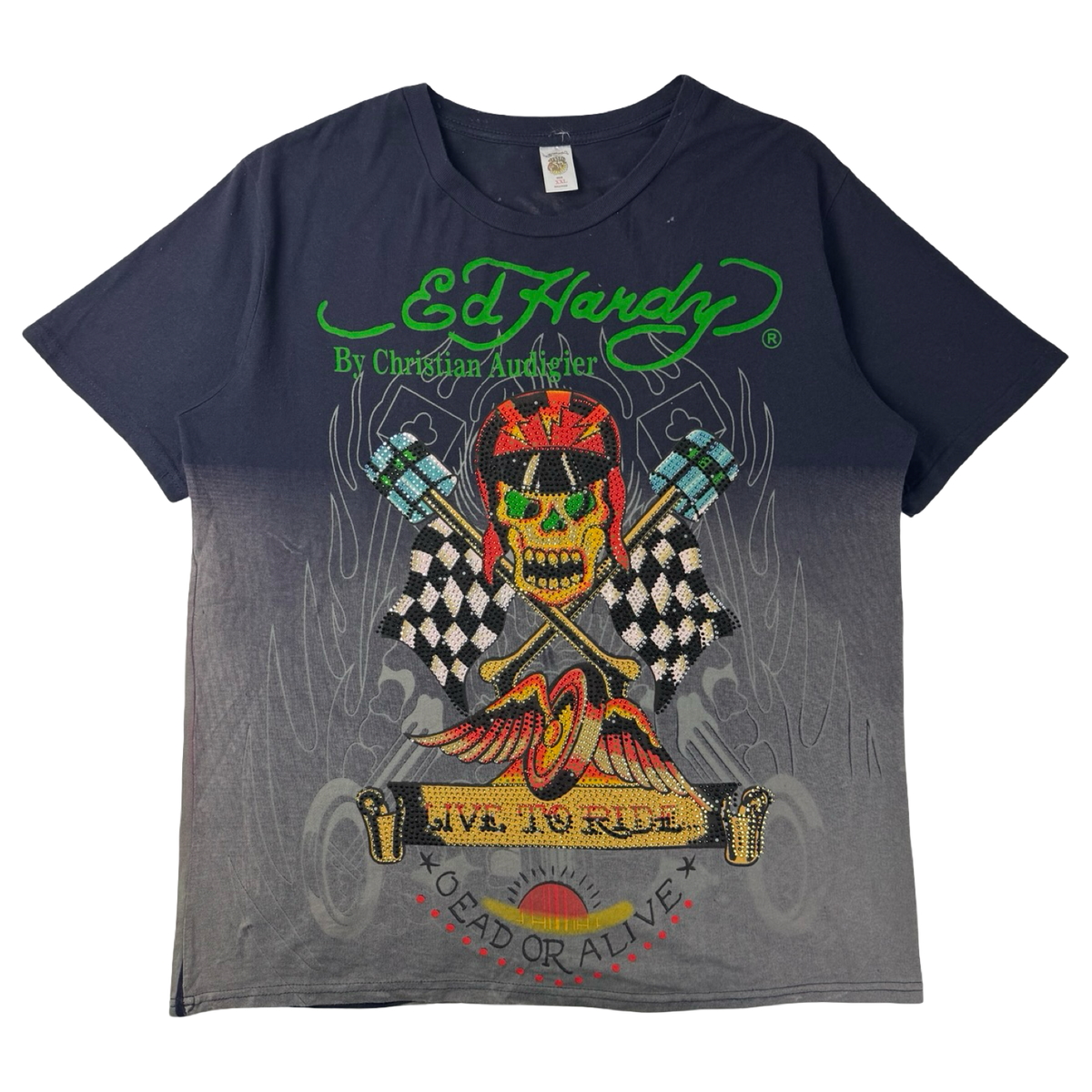 Vintage Y2K Ed Hardy Live to Ride Dead or Alive Rhinestone T-Shirt