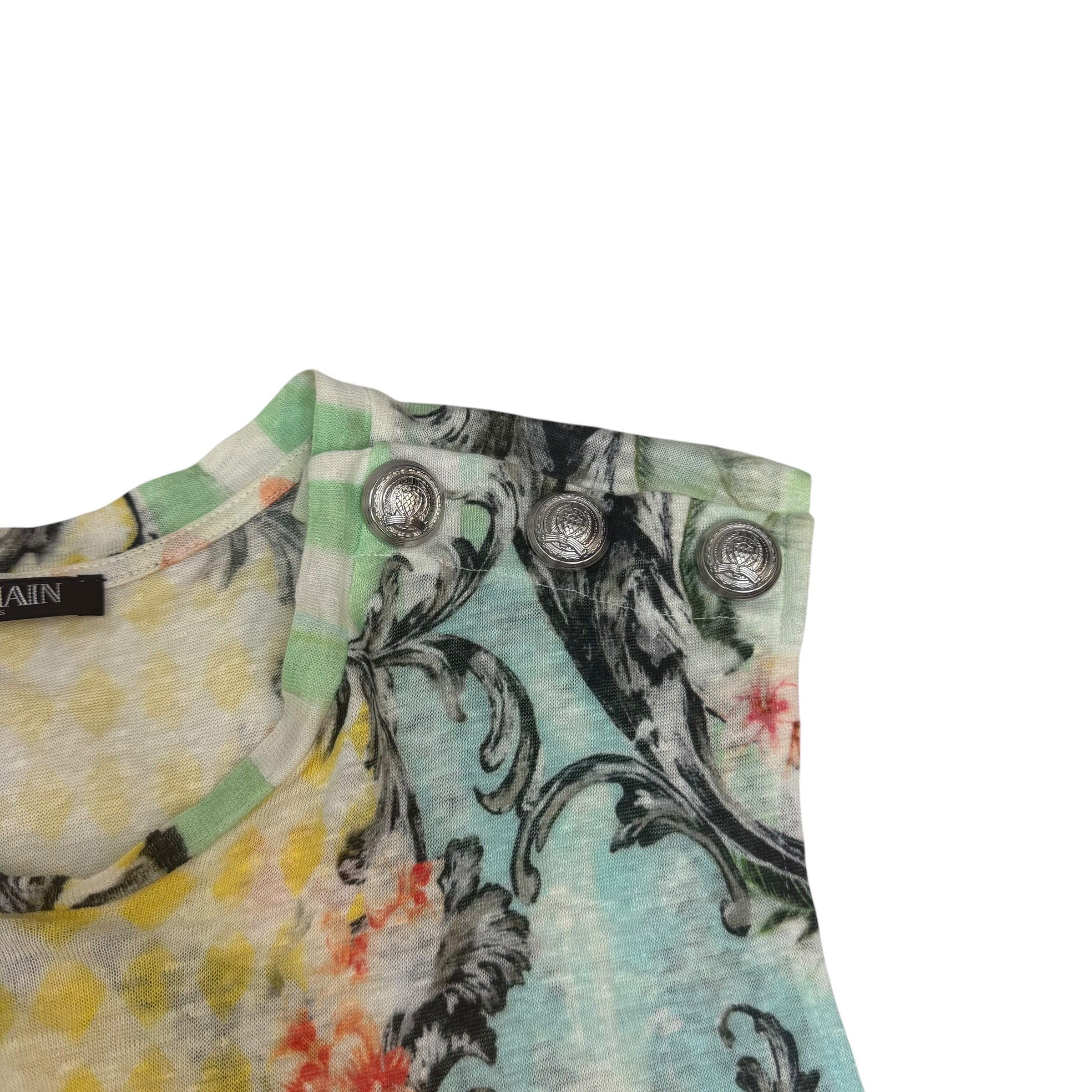 (W) Balmain Floral Print Button Detail Linen Tank Top Yellow/Blue