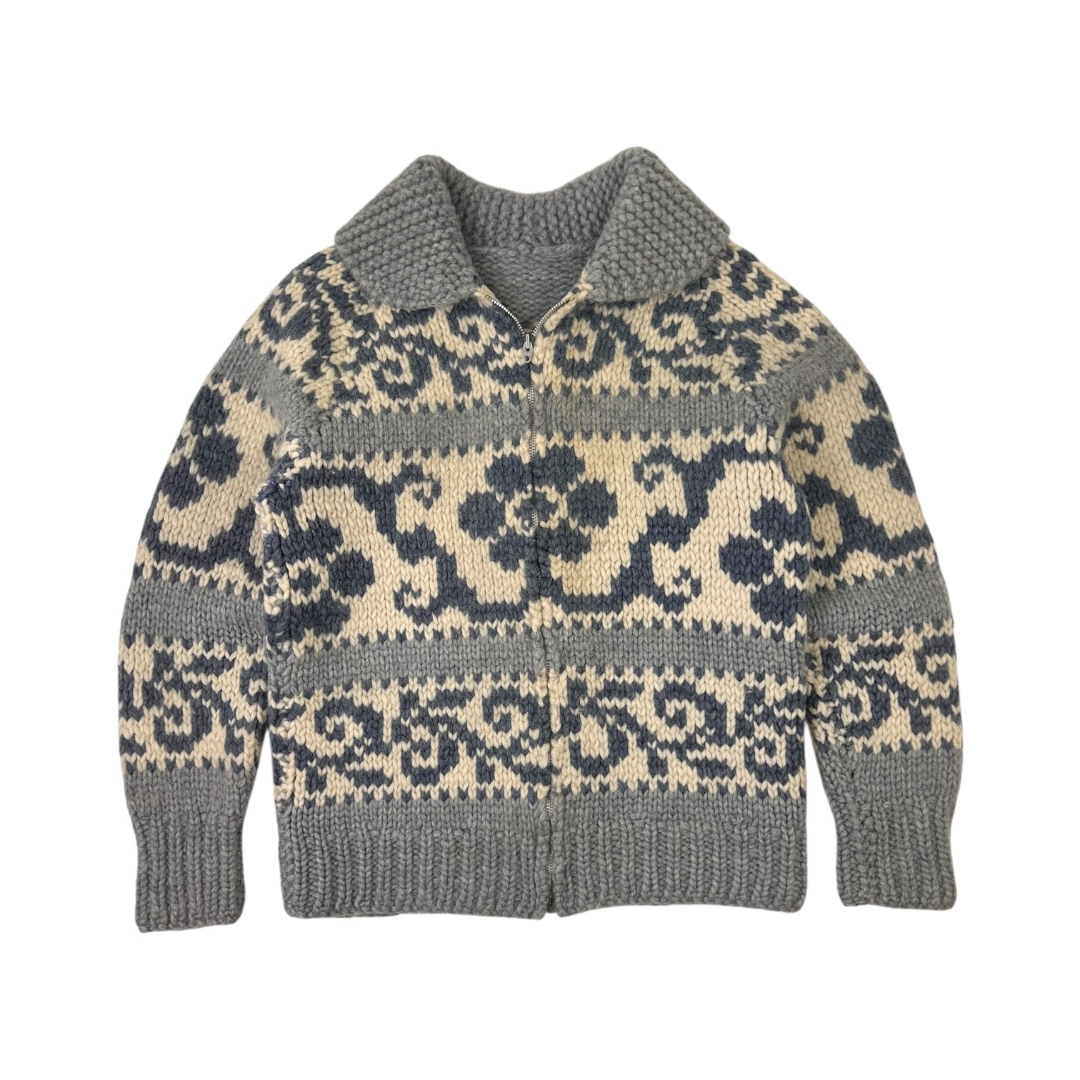 Vintage Wool Cowichan Floral Knit Zip-Up Sweater Blue/Cream