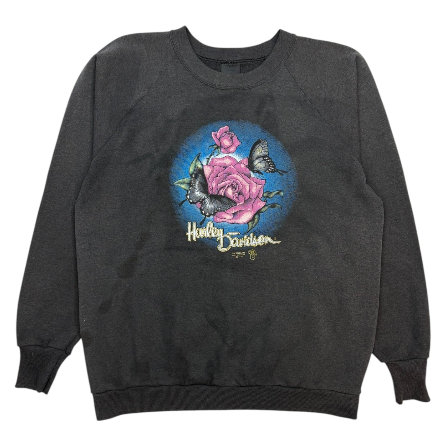 Vintage Harley Davidson 3D Emblem Rose Butterfly Crewneck Faded Black