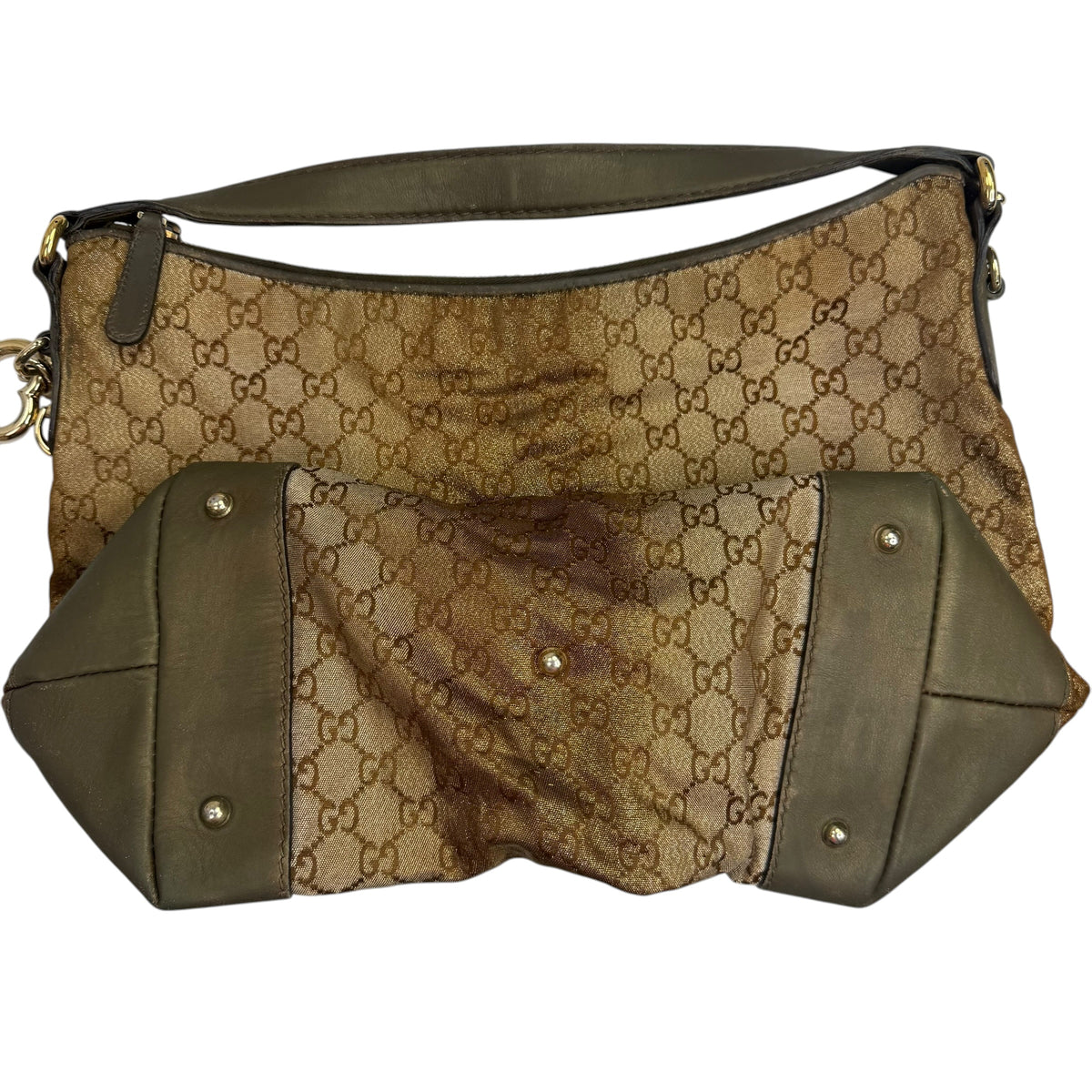 (W) Gucci GG Canvas Hobo Shoulder Bag Metallic Beige
