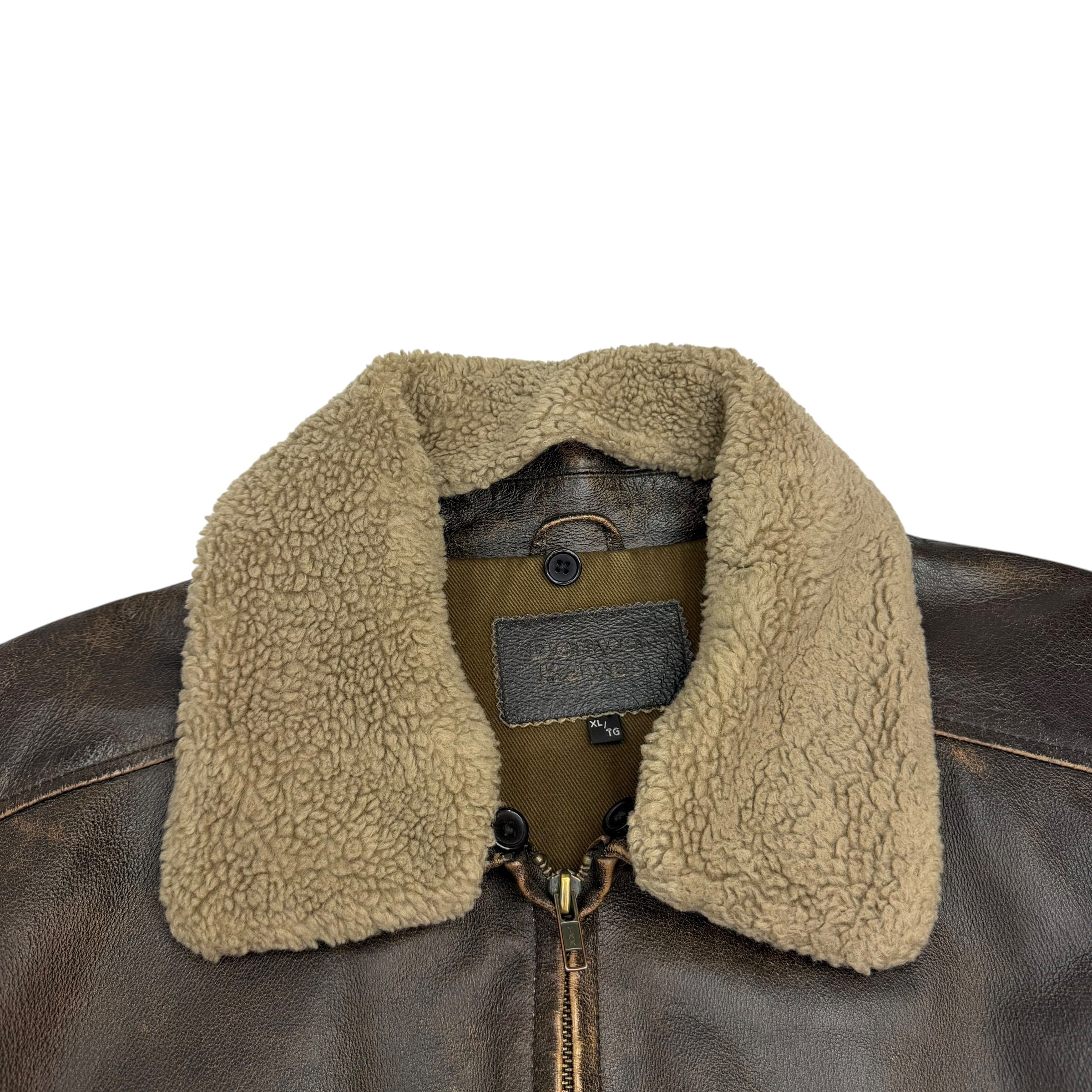 Vintage Denver Hayes Shearling Collar Leather Bomber Jacket Brown