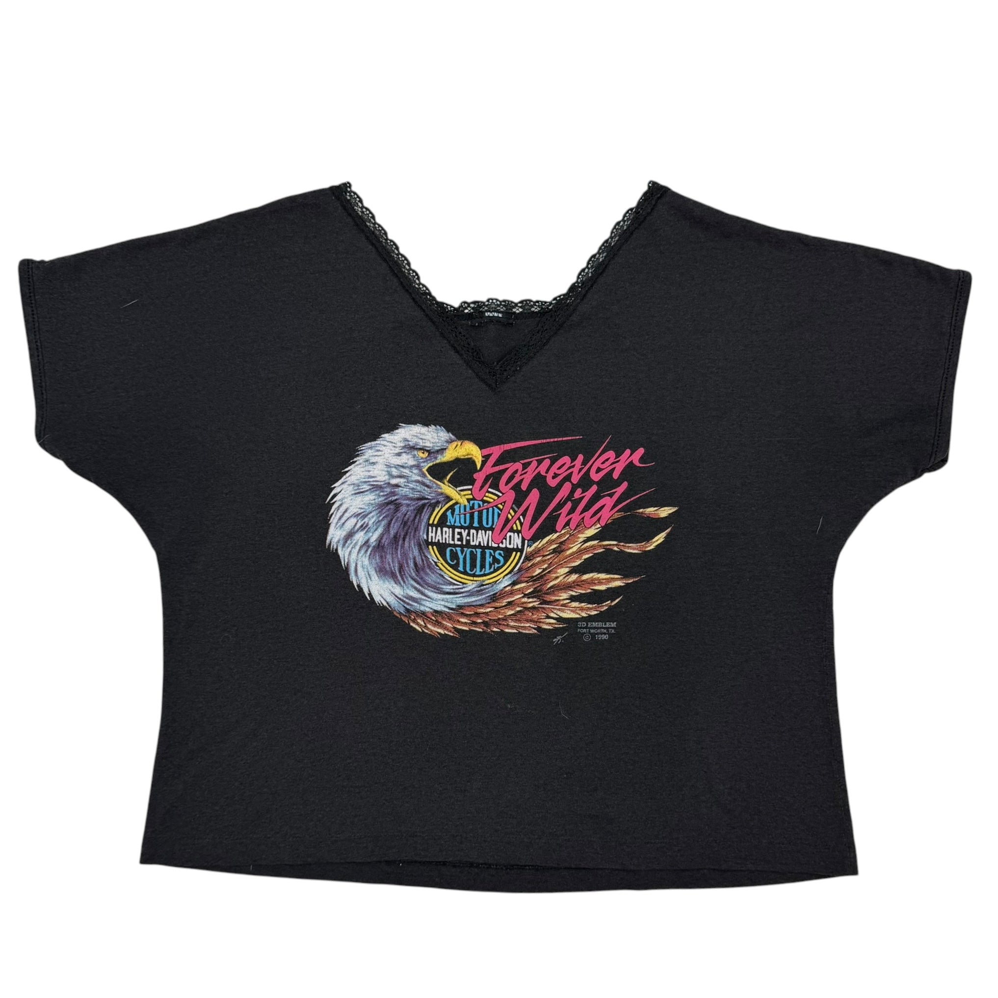 (W) Vintage Harley Davidson Delta B.C. Lace Neck Baby Tee Black