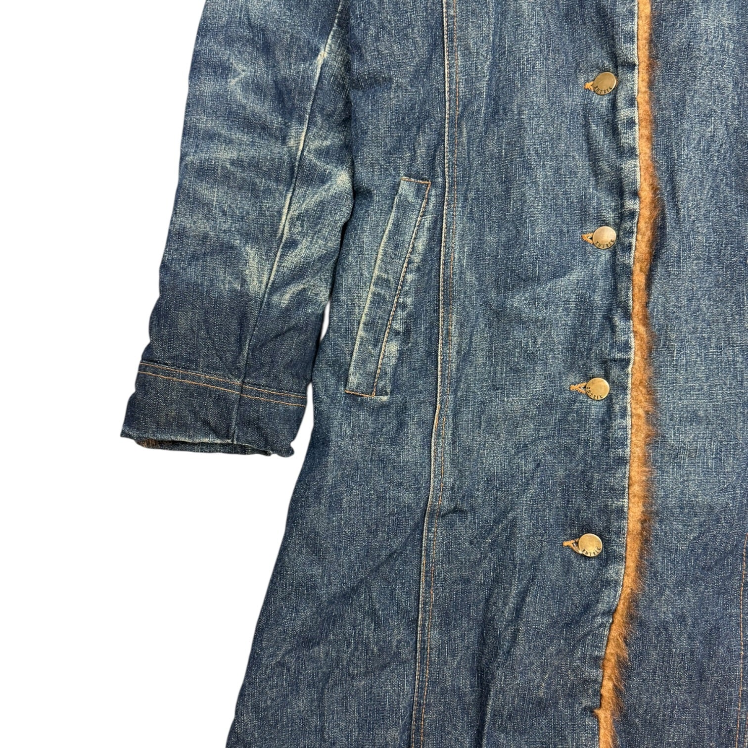 (W) Vintage Faux Fur Denim Trench Coat Medium Wash