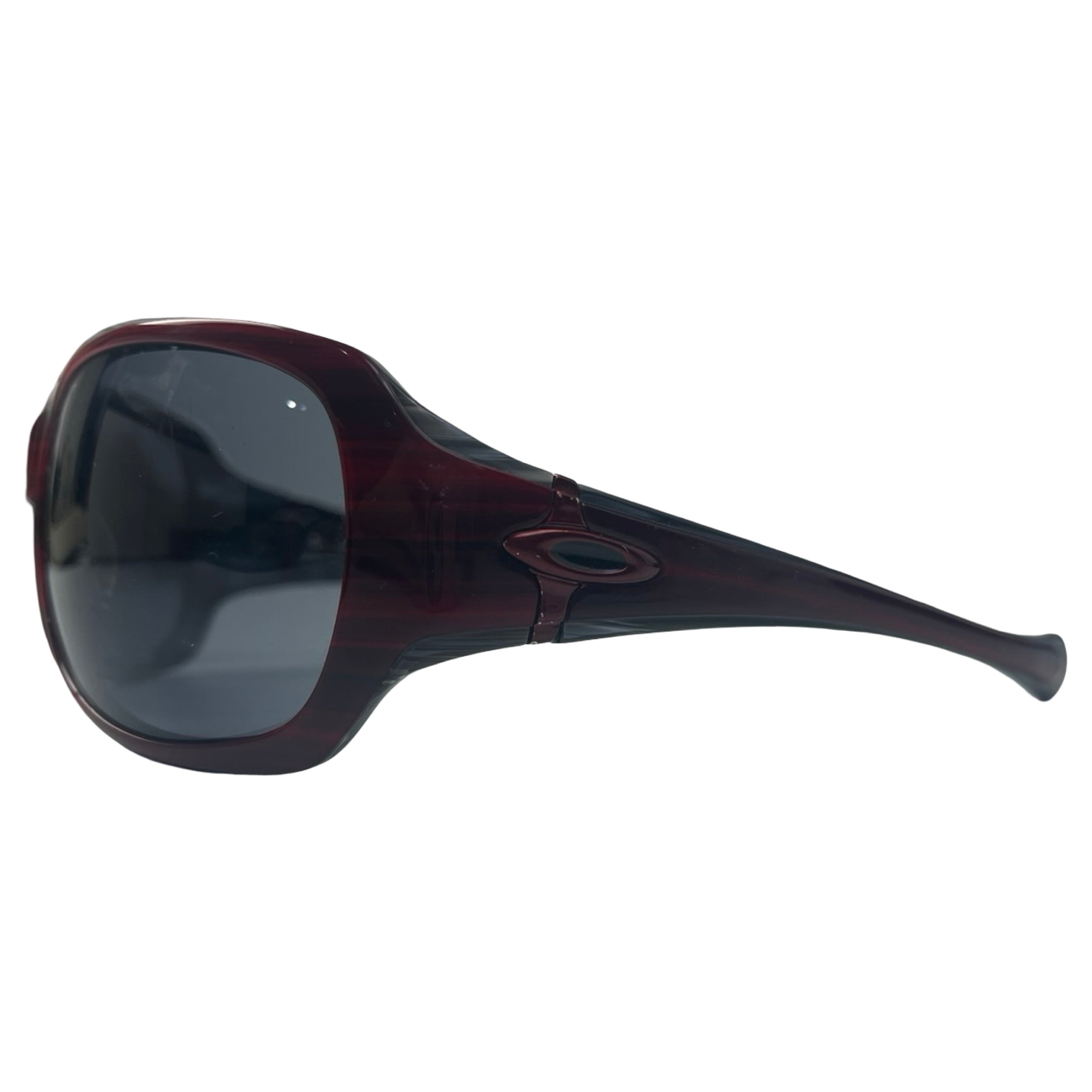 (W) Vintage Oakley Script Sunglasses Burgundy & Grey Horn