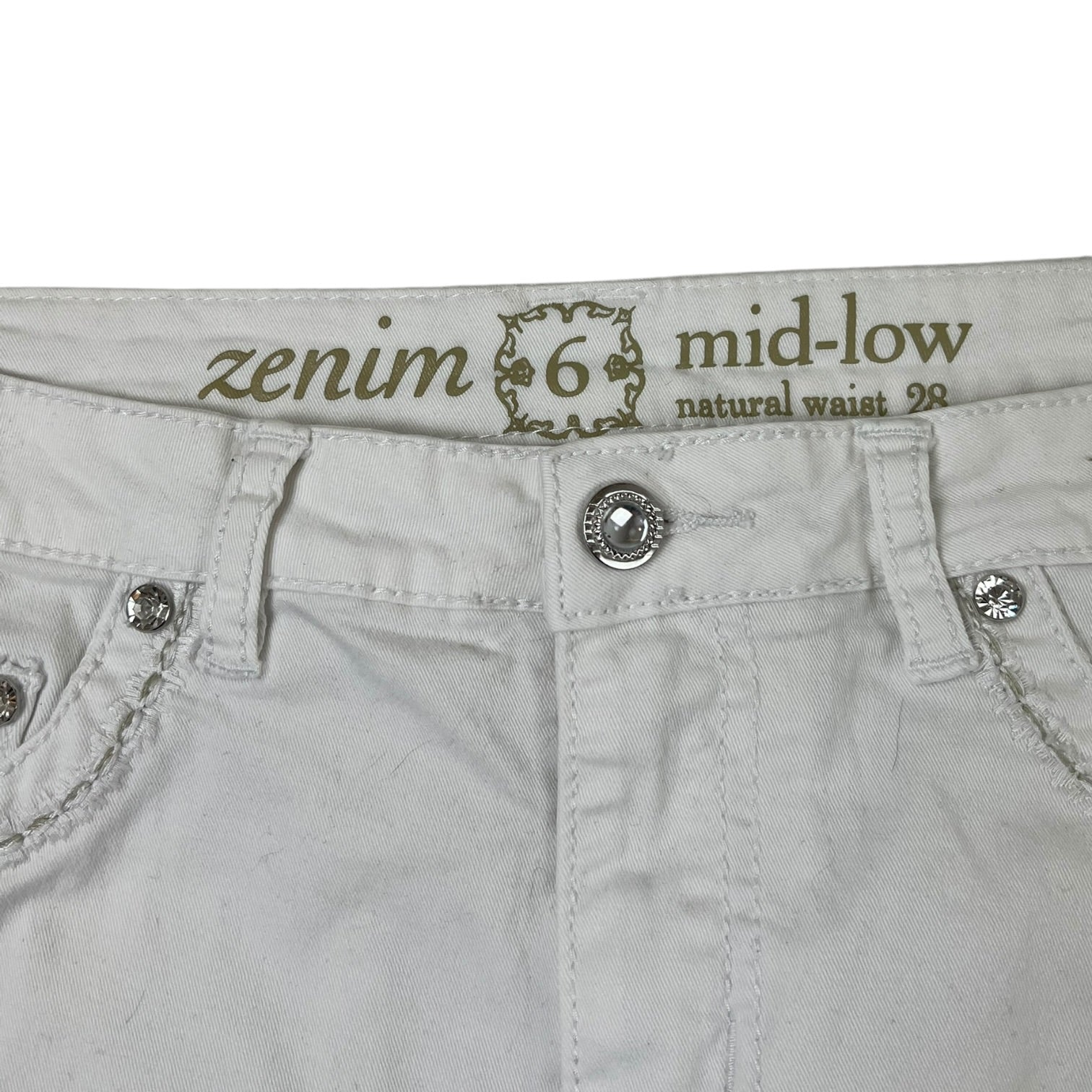 (W) Vintage Y2K Studded Embroidered Detailing Mid Low Denim Skirt White