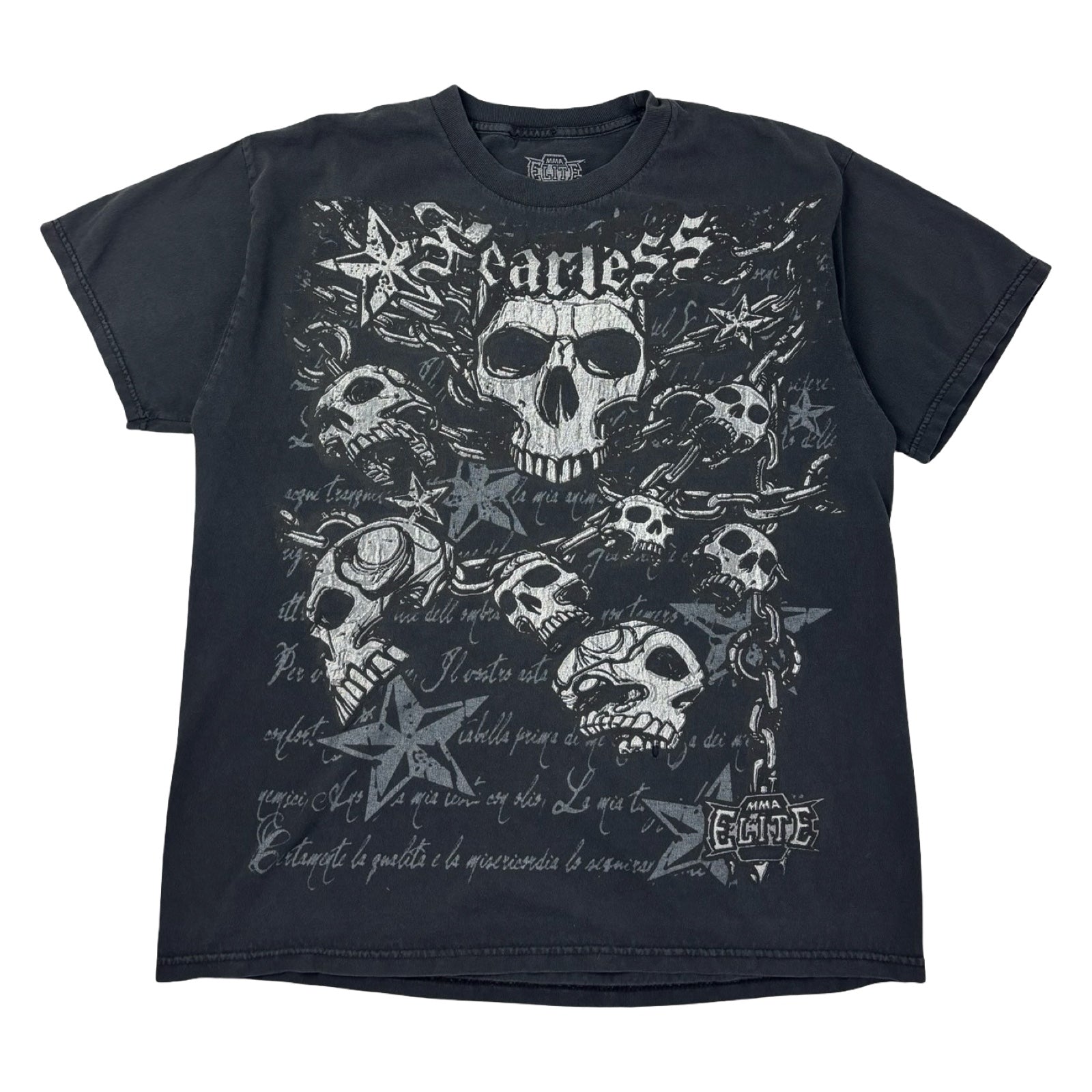 Vintage Y2K MMA Elite Fearless Skulls T-Shirt Washed Black