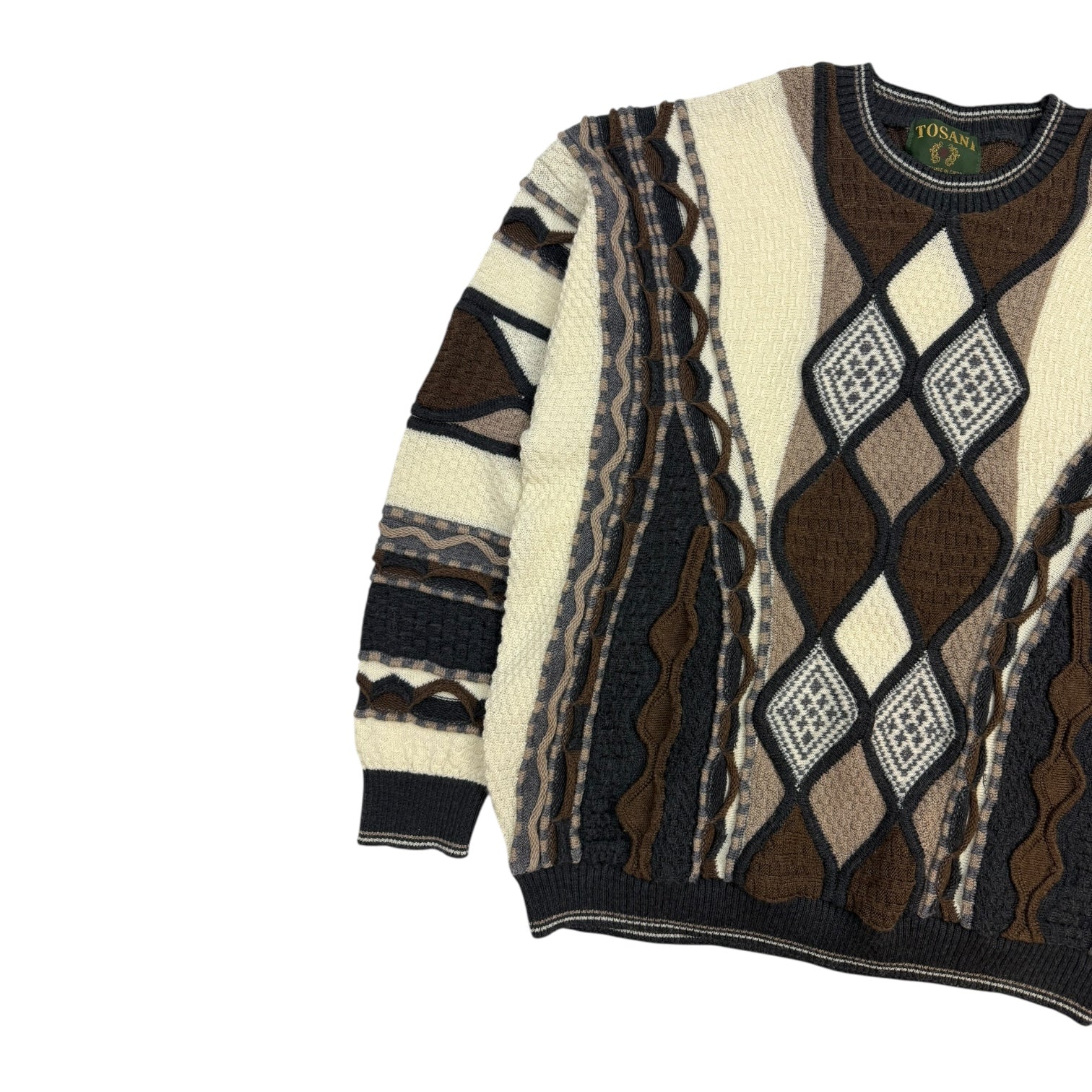 Vintage Tosani 3D Knit Argyle Sweater Tan/Brown