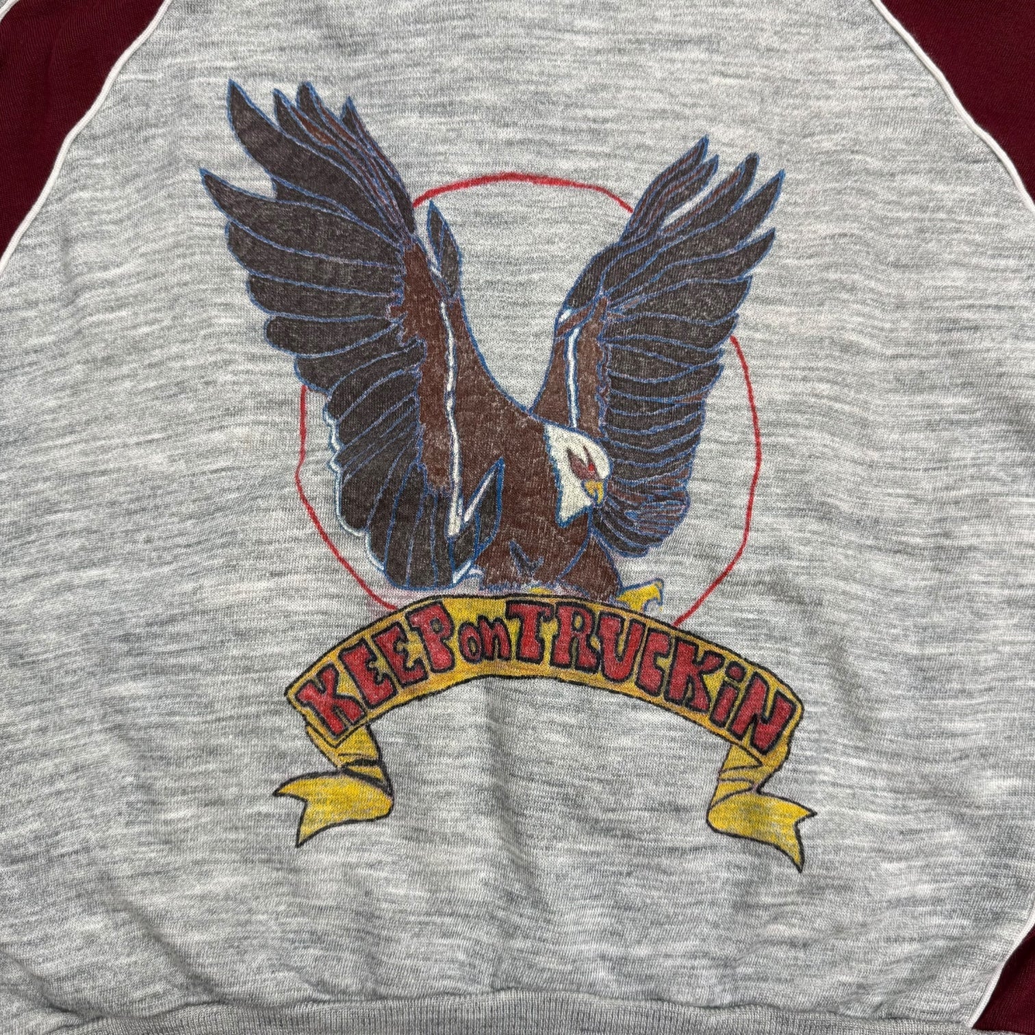 1980's "Keep on Trucking" Two Tone Zip Up Hoodie Heather Grey/Red