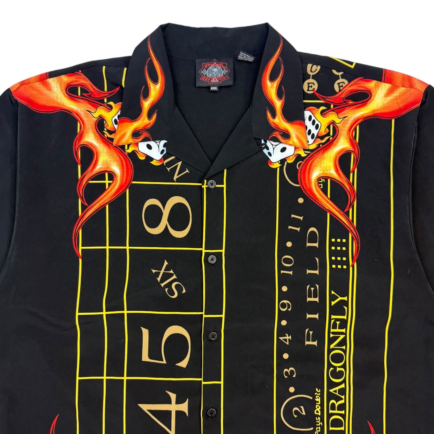 Vintage Dragonfly Roadhouse Flaming Craps Table Button Up Black