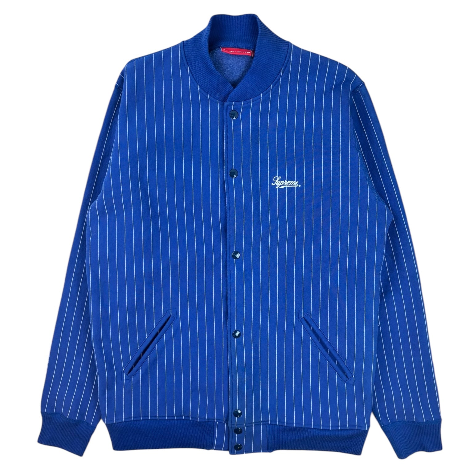 2008 Supreme Script Logo Pinstripe Jacket Blue