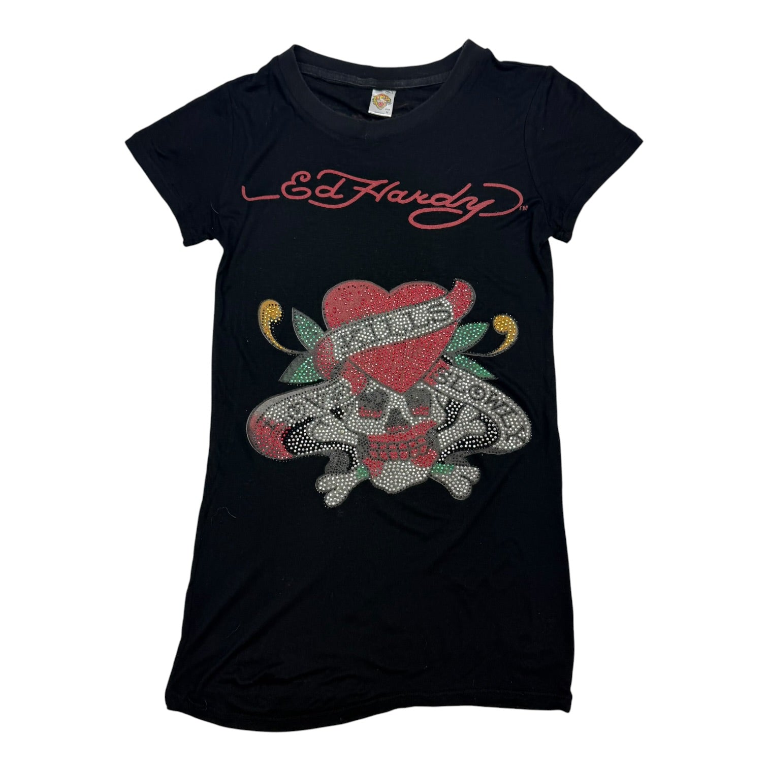 (W) Vintage Ed Hardy Rhinestone Skull And Heart Tee Black