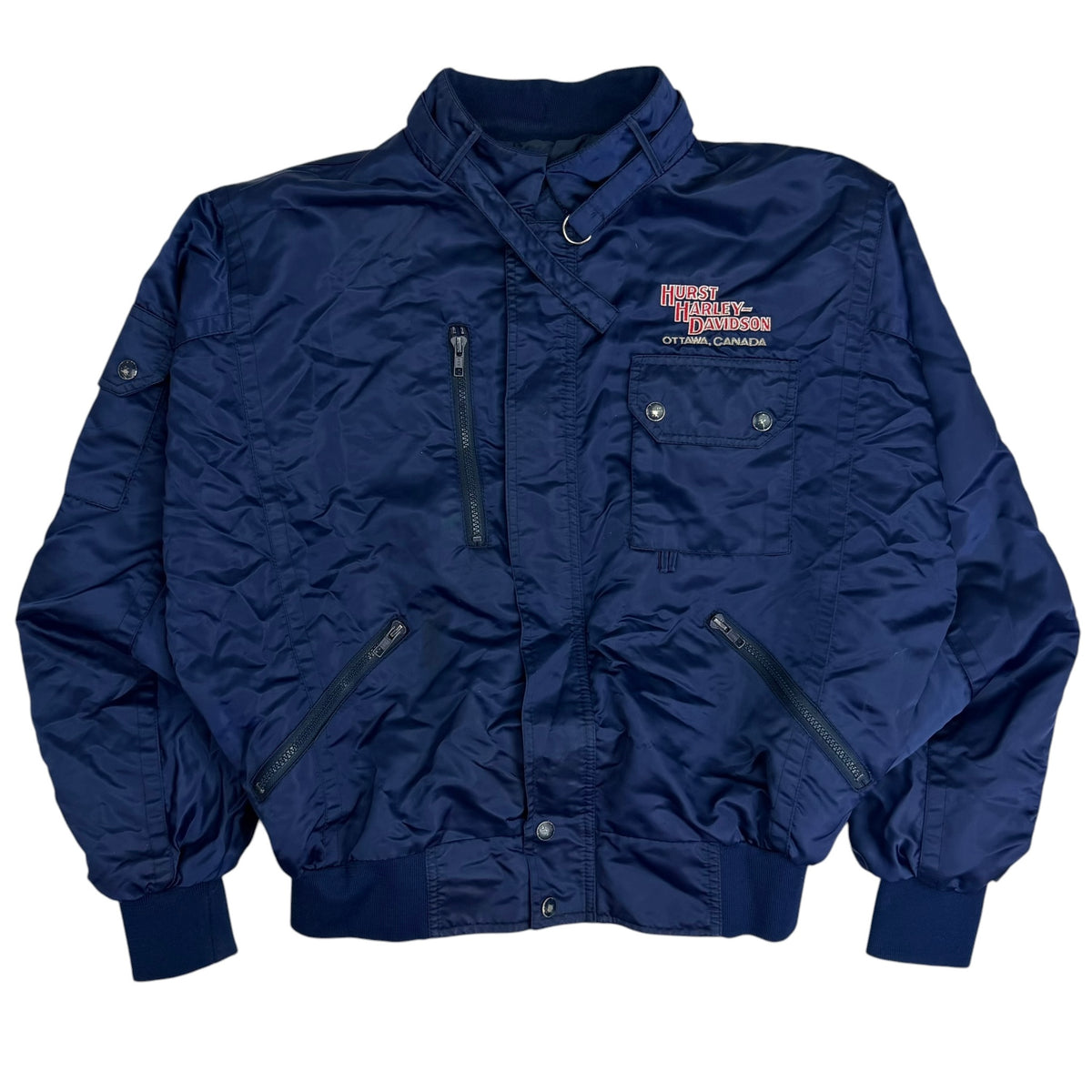 Vintage 80s Harley Davidson Born In The USA Eagle Embroidered Satin Jacket Navy