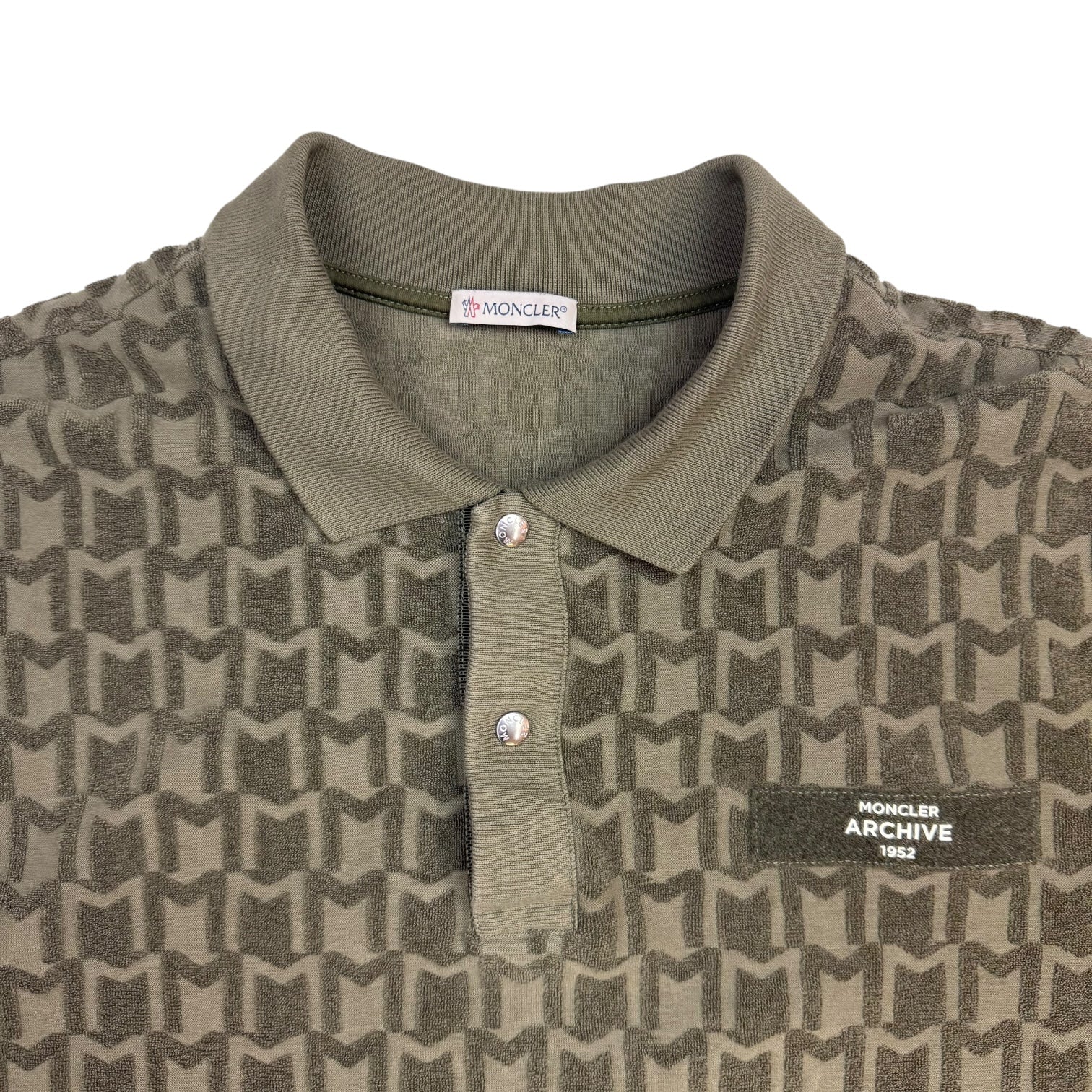Moncler Towelling Monogram Button Up Polo Green